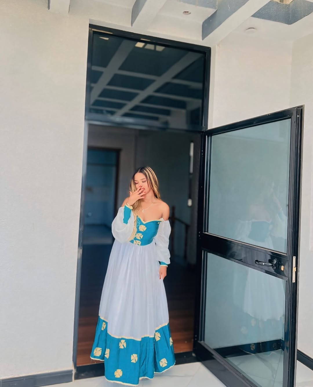 EDIL BEAUTIFUL HABESHA DRESS | BLUE AND GOLD TRADITIONAL EMBROIDERY ETHIOPIAN CLOTHING | GRACEFUL HABESHA KEMIS FOR EVENTS