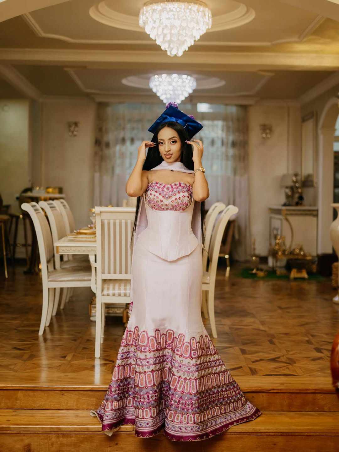 YANET ETHIOPIAN TRADITIONAL CLOTHING | PINK AND PURPLE TIBEB PATTERN HABESHA KEMIS | HANDWOVEN HABESHA DRESS