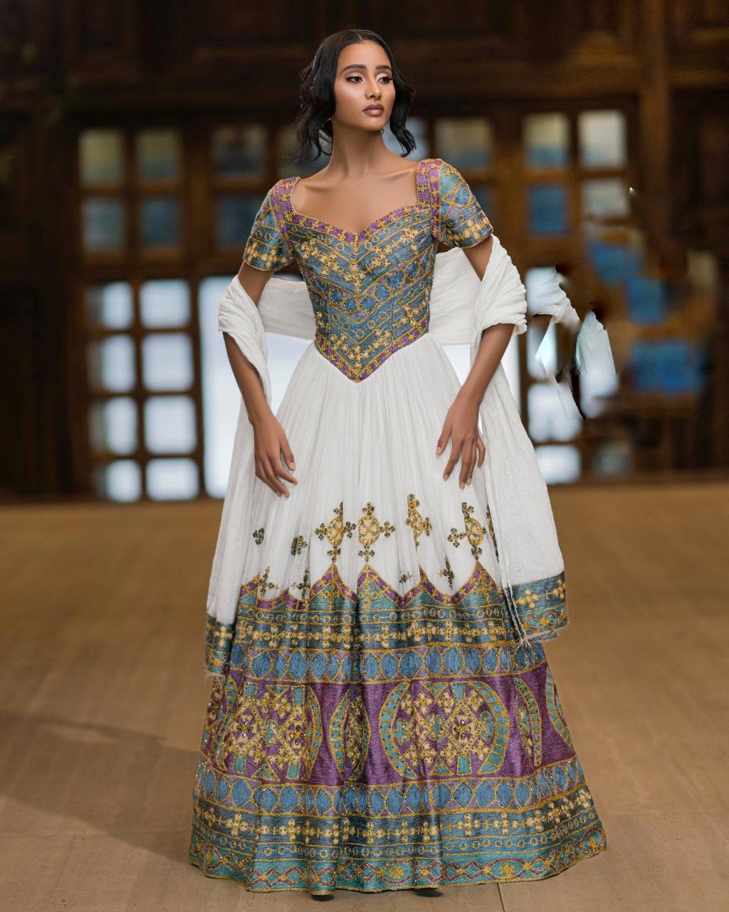 FIYONA LUXURIOUS ETHIOPIAN WEDDING DRESS | COLORFUL EMBROIDERY HABESHA WEDDING DRESS | MODERN HABESHA KEMIS DESIGN