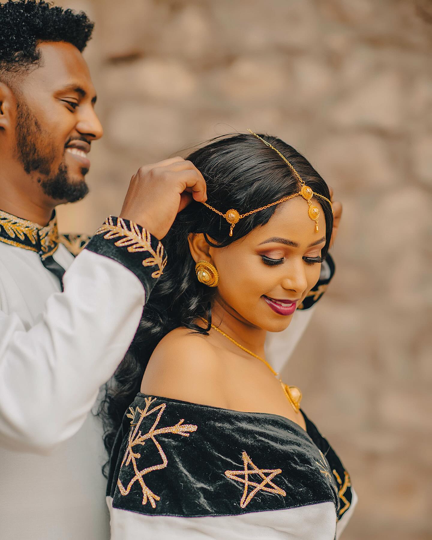 ASTU MATCHING ETHIOPIAN COUPLE'S OUTFIT | BLACK VELVET AND GOLD EMBROIDERY ETHIOPIAN CLOTHING | MODERN HABESHA COUPLE'S OUTFIT