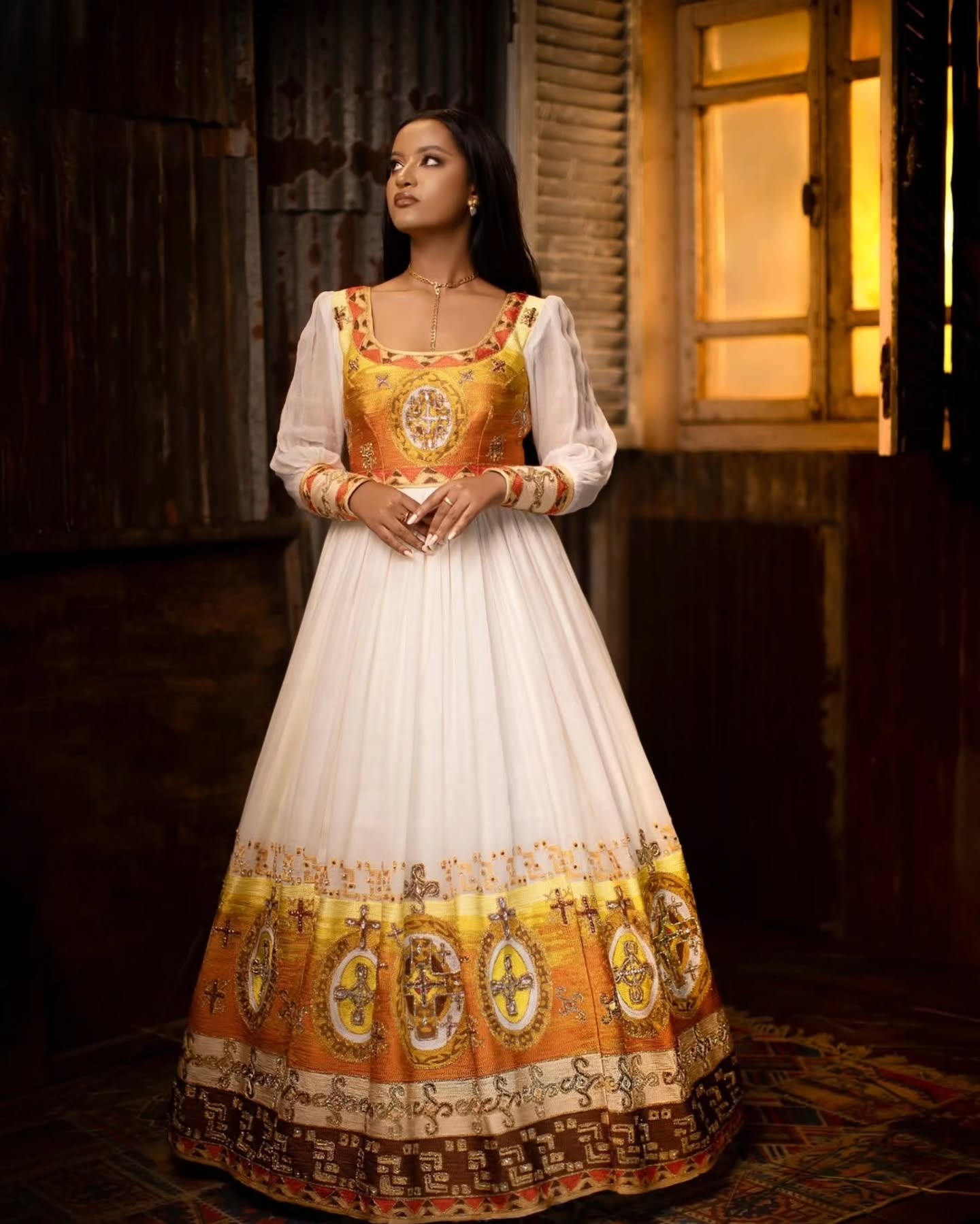 LINA ETHIOPIAN WEDDING DRESS | ORANGE, YELLOW, AND GOLDEN EMBROIDERY HABESHA KEMIS | GORGEOUS HABESHA WEDDING DRESS
