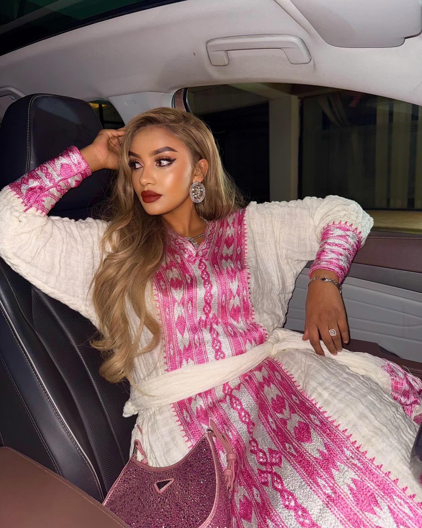 EYOAS ETHIOPIAN TRADITIONAL DRESS | HANDMADE HABESHA KEMIS | MODERN PINK DESIGN ACCENT HABESHA DRESS