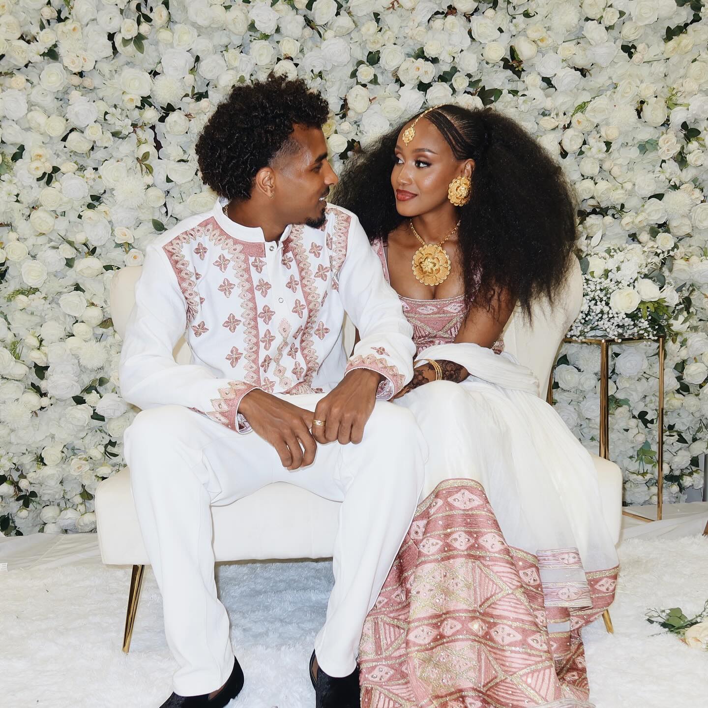 ADIYAM ETHIOPIAN COUPLE’S MATCHING HABESHA DRESS AND SUIT SET | TRADITIONAL ROSY-PINK TILET EMBROIDERY FOR WEDDINGS |CULTURAL COUPLE'S OUTFIT