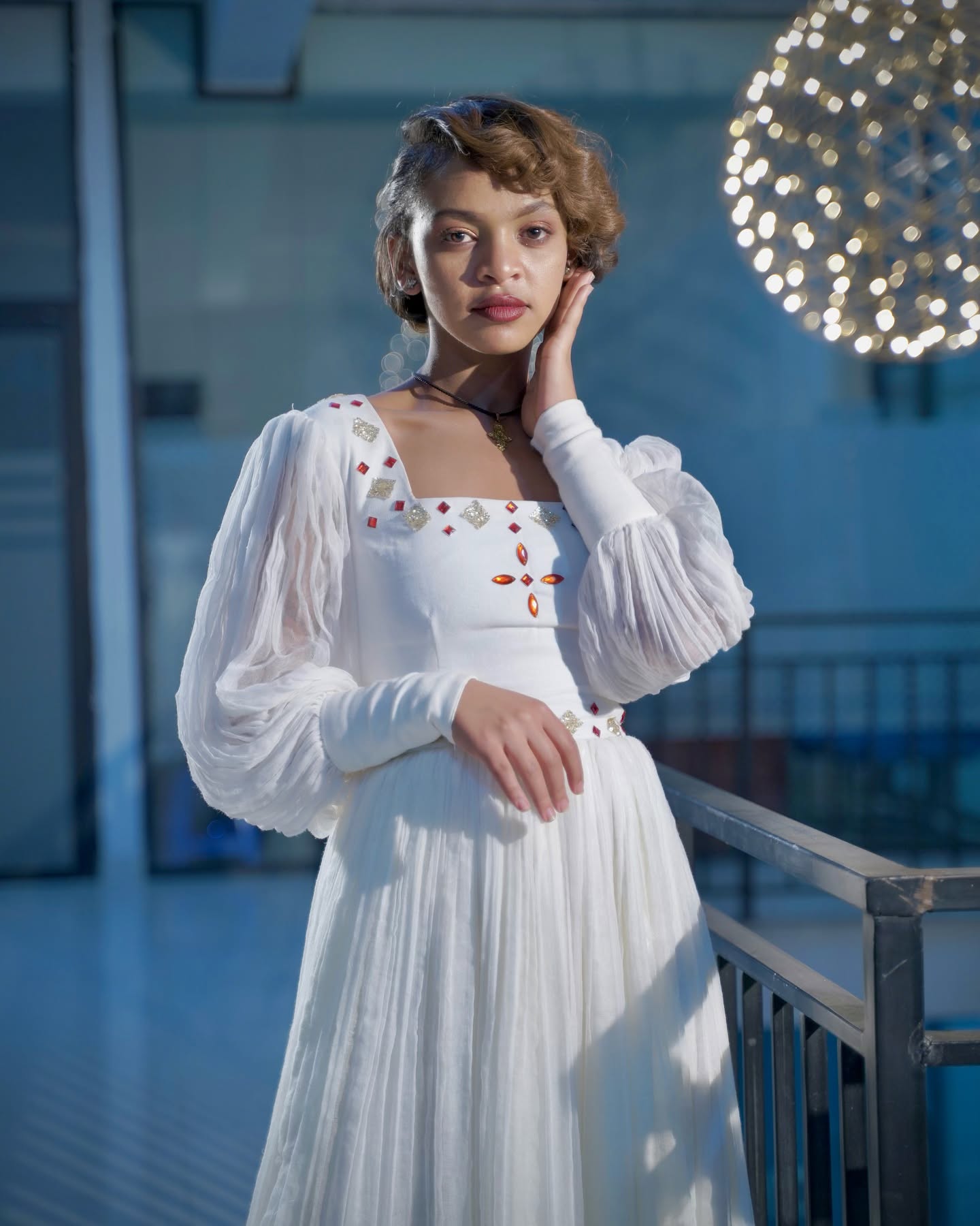 YESHI ELEGANT WHITE ETHIOPIAN HABESHA KEMIS | TRADITIONAL HANDCRAFTED HABESHA DRESS | RED & GOLD EMBROIDERY ETHIOPIAN CLOTHING