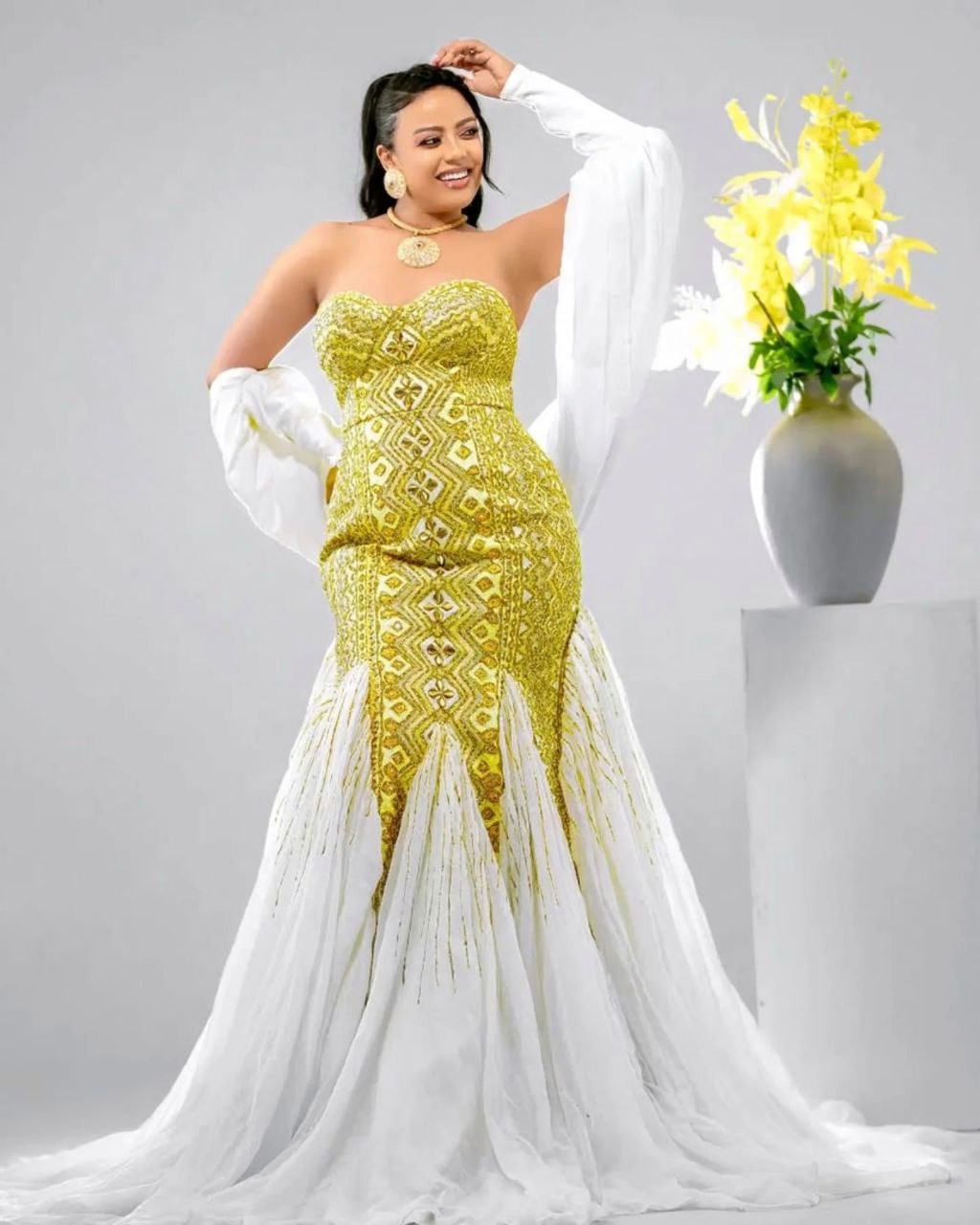 YEWUBDAR ROYAL GOLD EMBROIDERED HABESHA KEMIS | STRAPLESS MERMAID STYLE HABESHA DRESS | ETHIOPIAN CULTURAL CLOTH