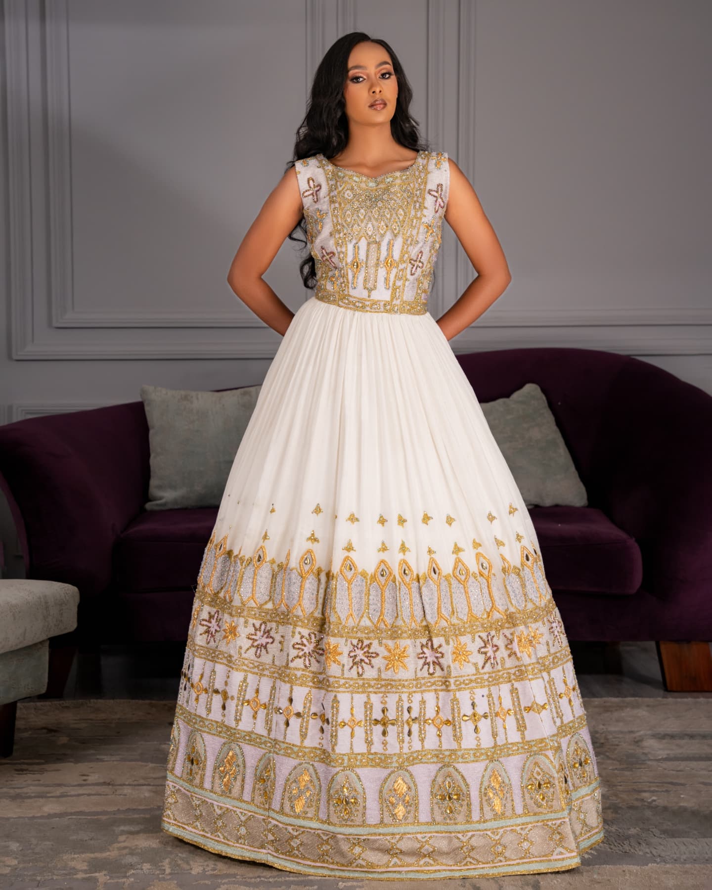 GENET ETHIOPIAN HABESHA KEMIS | GOLD EMBROIDERY WITH NETELA ETHIOPIAN DRESS | HANDCRAFTED HABESHA DRESS FOR WEDDING