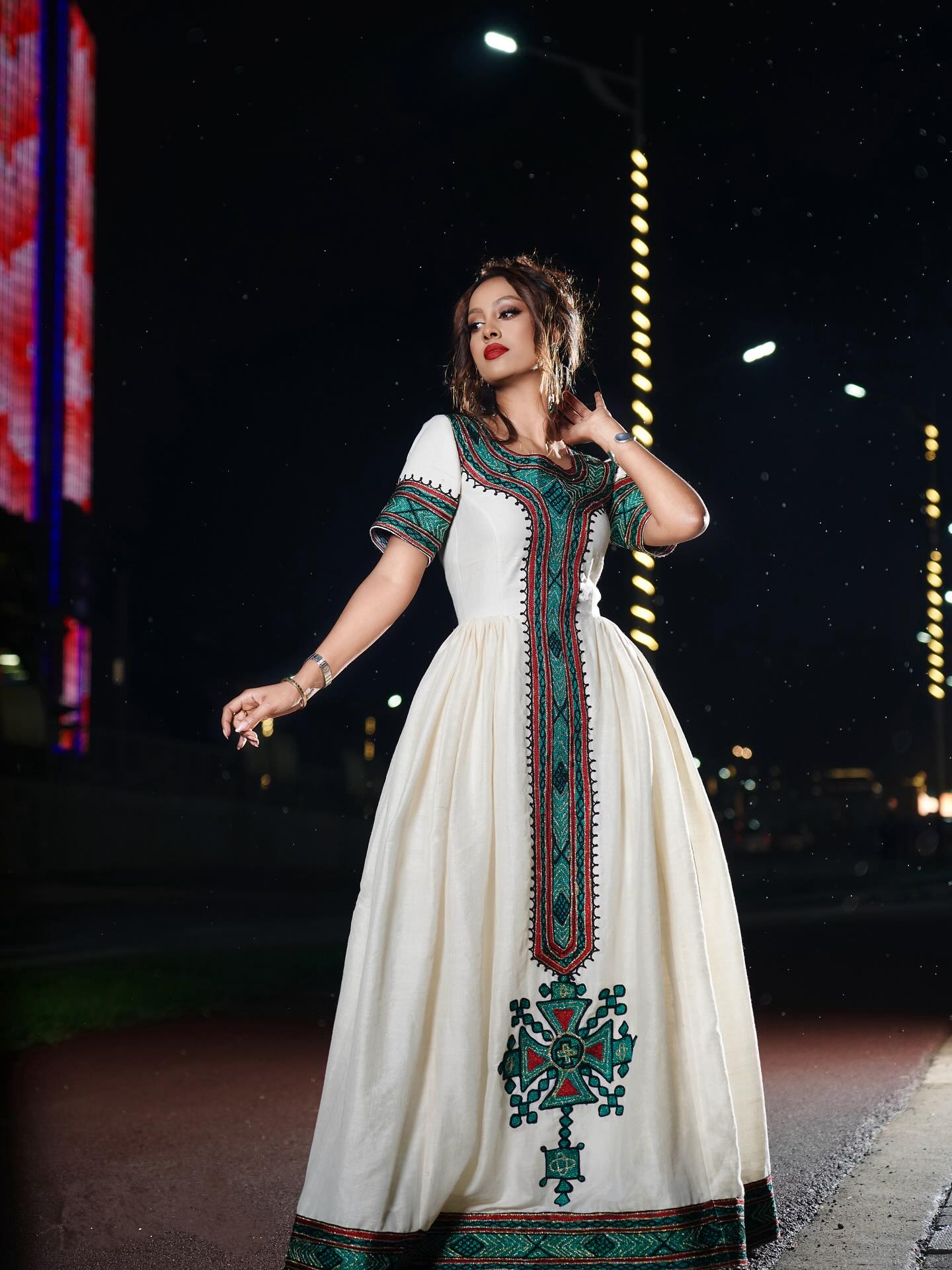 JIJI GREEN AND RED PATTERN HABESHA KEMIS | ETHIOPIAN TRADITIONAL DRESS | HANDWOVEN HABESHA DRESS