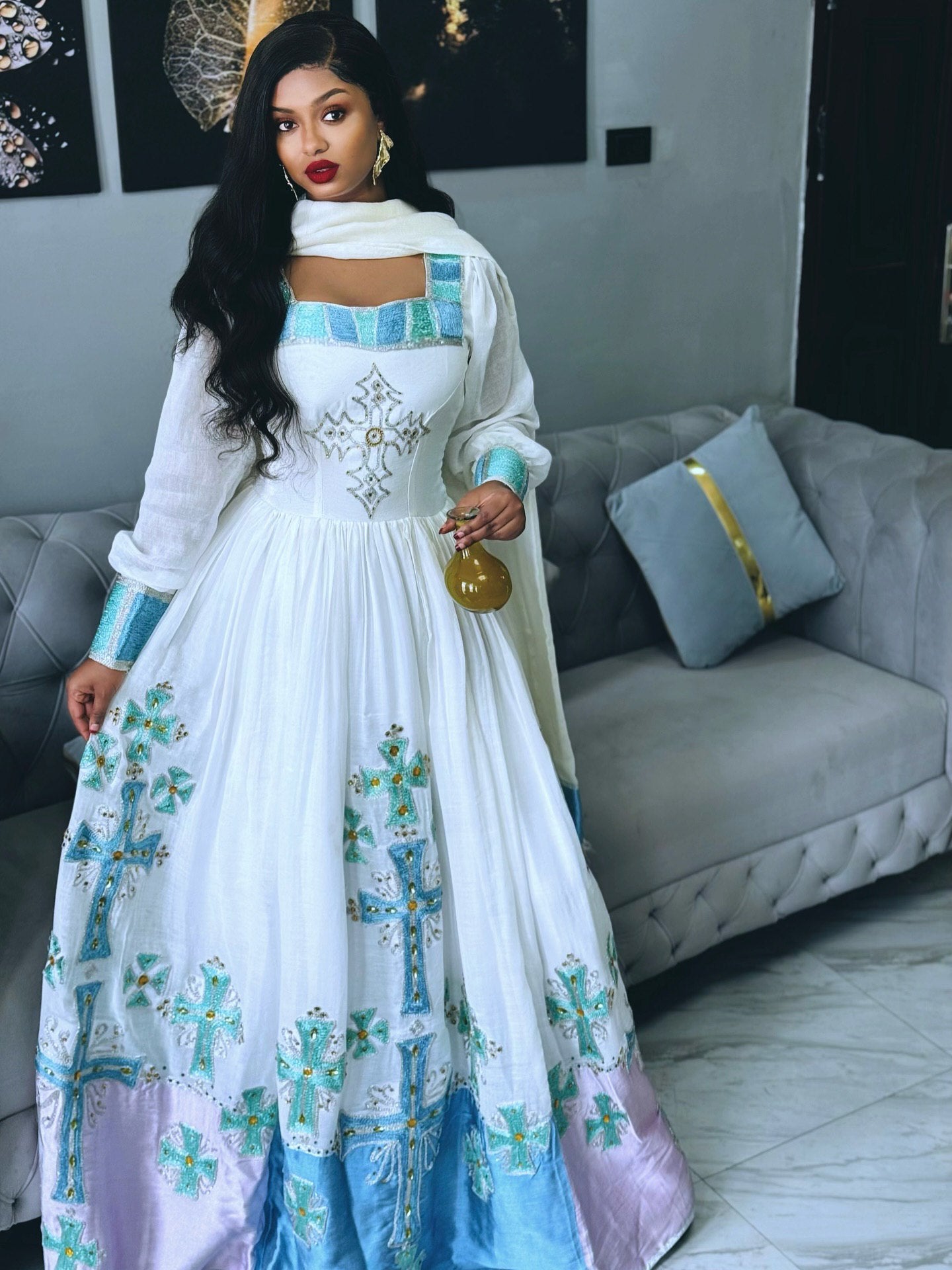 TIHUN TURQUOISE & LILAC EMBROIDERY HABESHA KEMIS | HABESHA DRESS STYLE | CULTURAL ETHIOPIAN CLOTHING