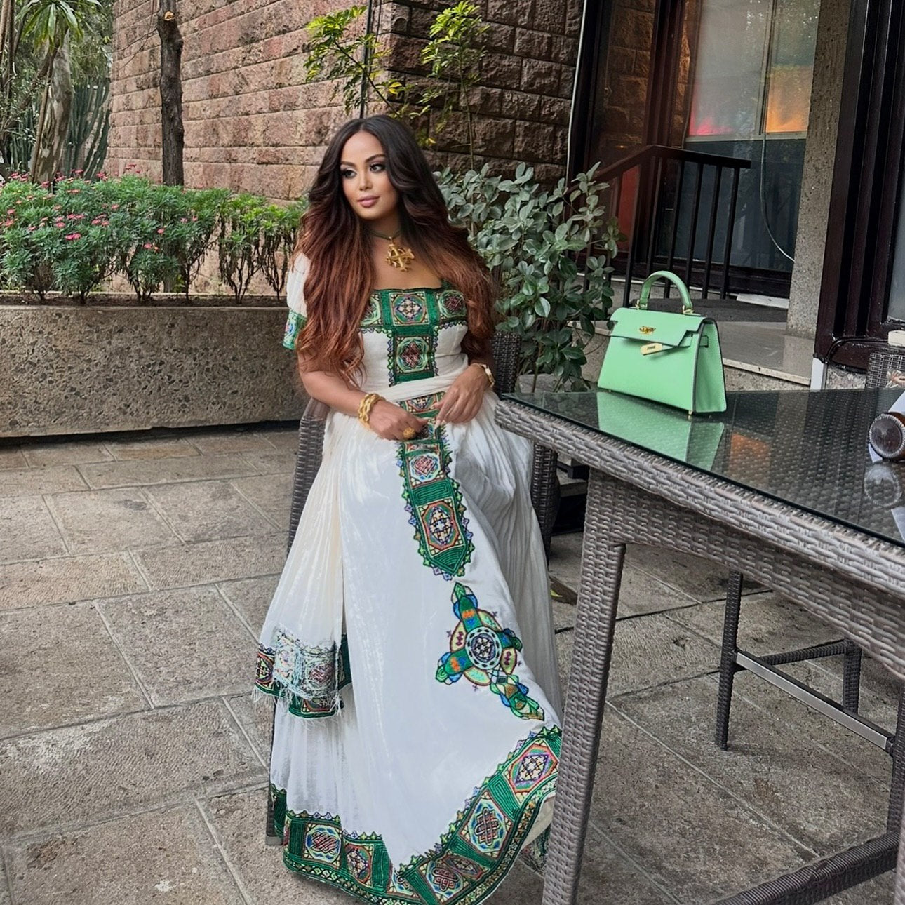 FIYAMETA GREEN EMBROIDERED ETHIOPIAN TRADITIONAL DRESS | HABESHA KEMIS ONLINE | STUNNING FESTIVE HABESHA DRESS