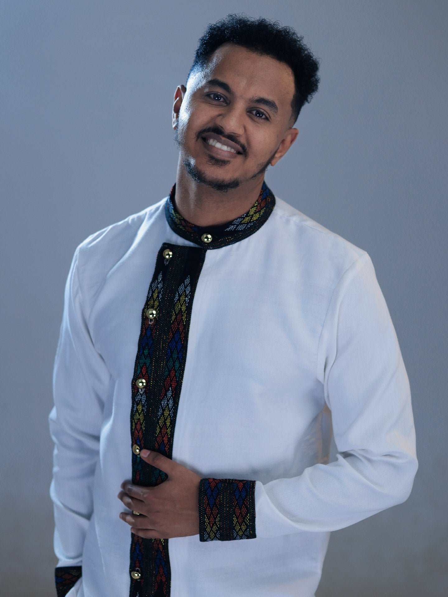 KIRUBEL WHITE ETHIOPIAN MEN’S SHIRT | ETHIOPIAN EMBROIDERY SHIRT | HANDWOVEN DESIGN