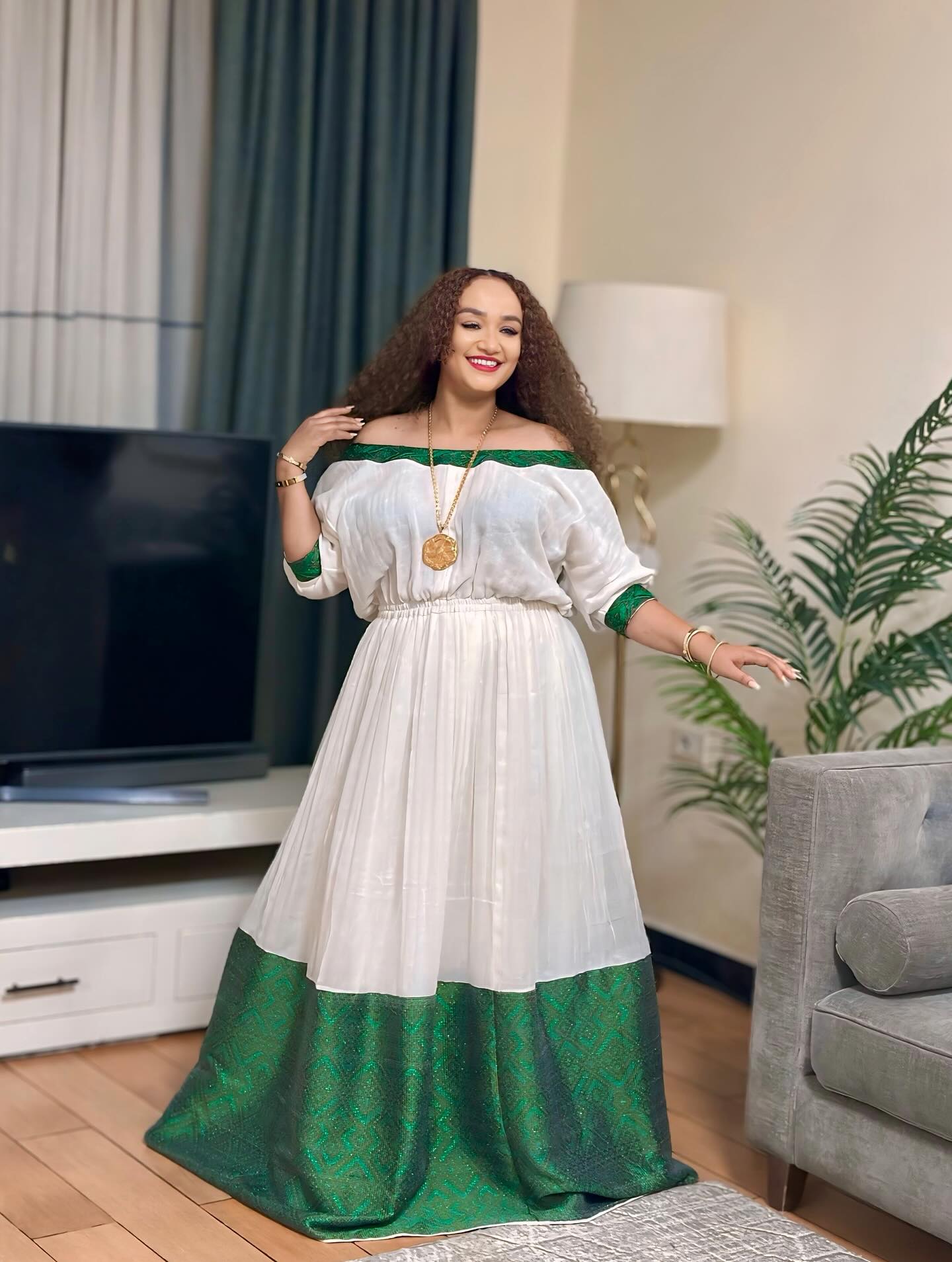 SEMAWIT TRADITIONAL ETHIOPIAN CLOTHING | HABESHA KEMIS AND HABESHA DRESS | GREEN DESIGN