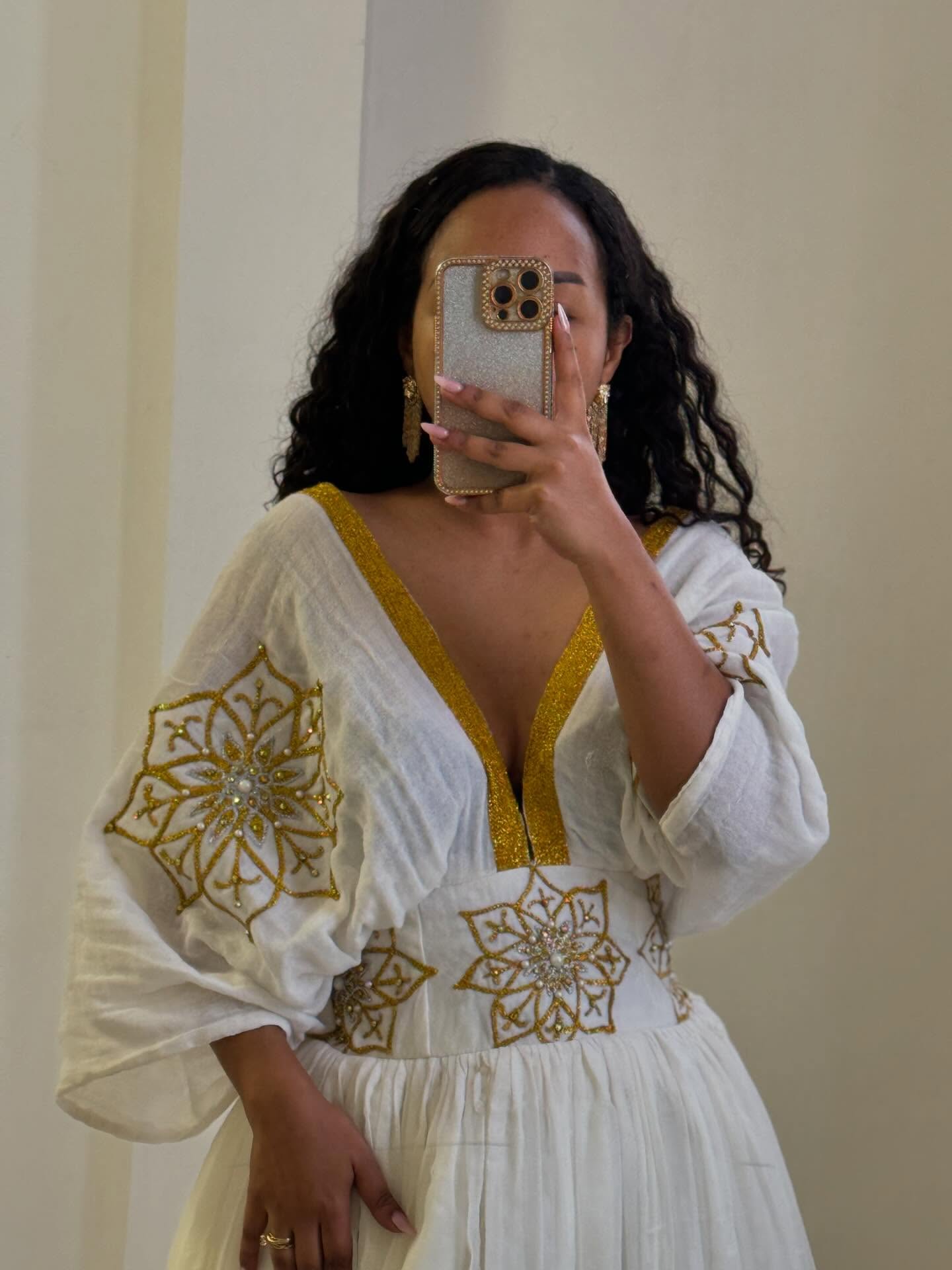 NITSUH HABESHA KEMIS | ETHIOPIAN TRADITIONAL DRESS | GOLDEN PATTERN HABESHA DRESS