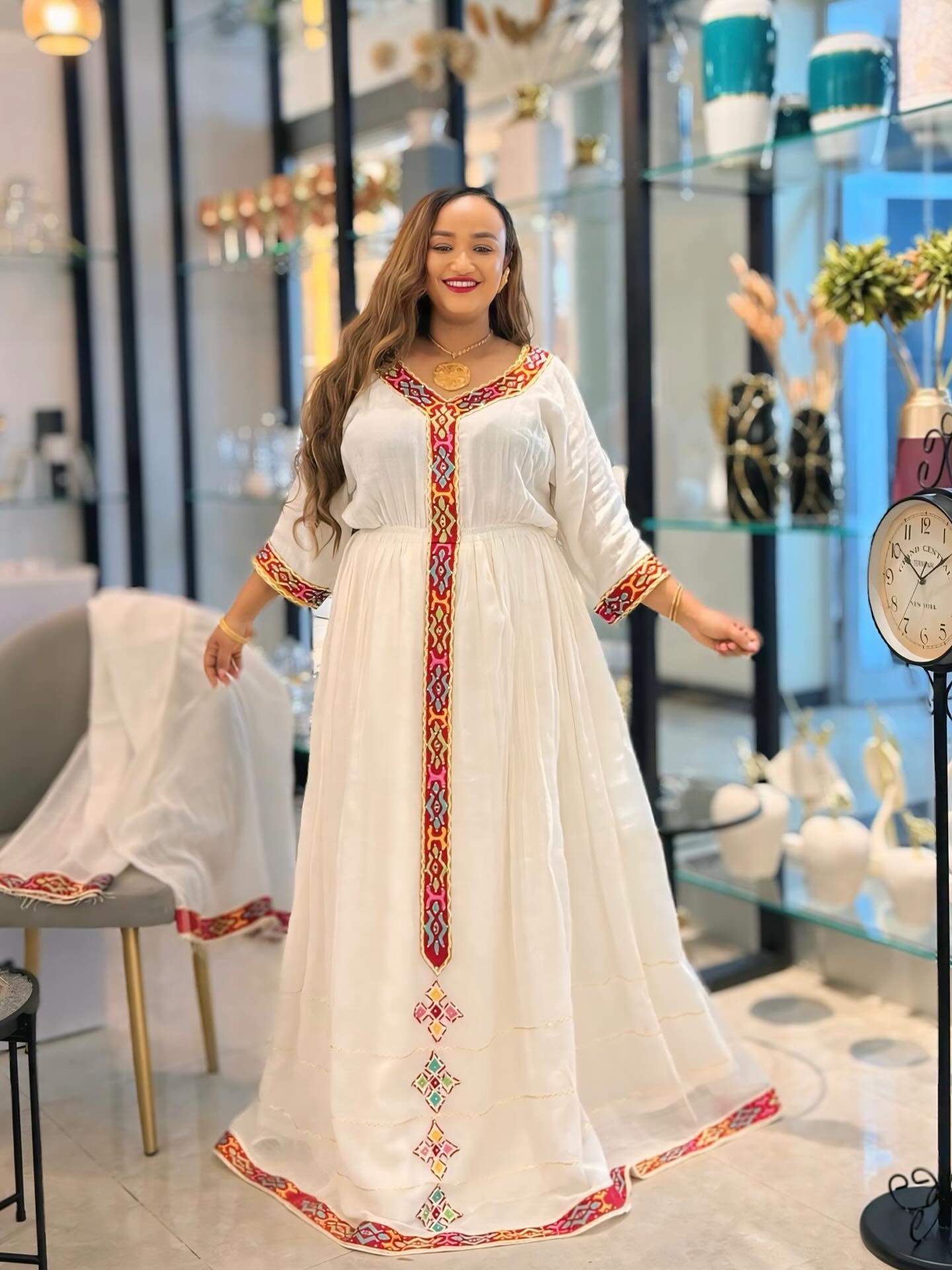 HELLA RADIANT WHITE HABESHA KEMIS | COLORFUL EMBROIDERY HABESHA DRESS | TRADITIONAL ETHIOPIAN DRESS