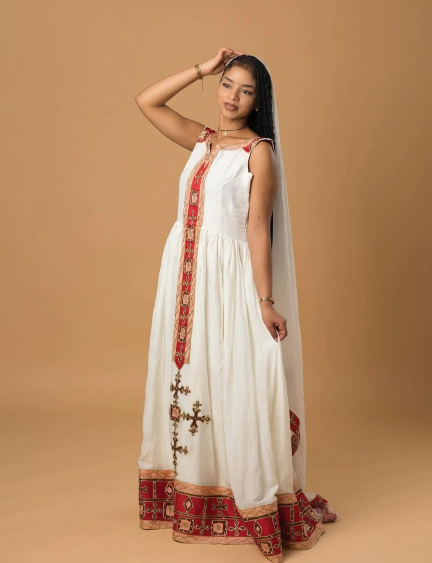 AYNU SLEEVELESS HABESHA DRESS | SIMPLICITY IN TRADITIONAL ETHIOPIAN CLOTHING | RED EMBROIDERY HABESHA KEMIS