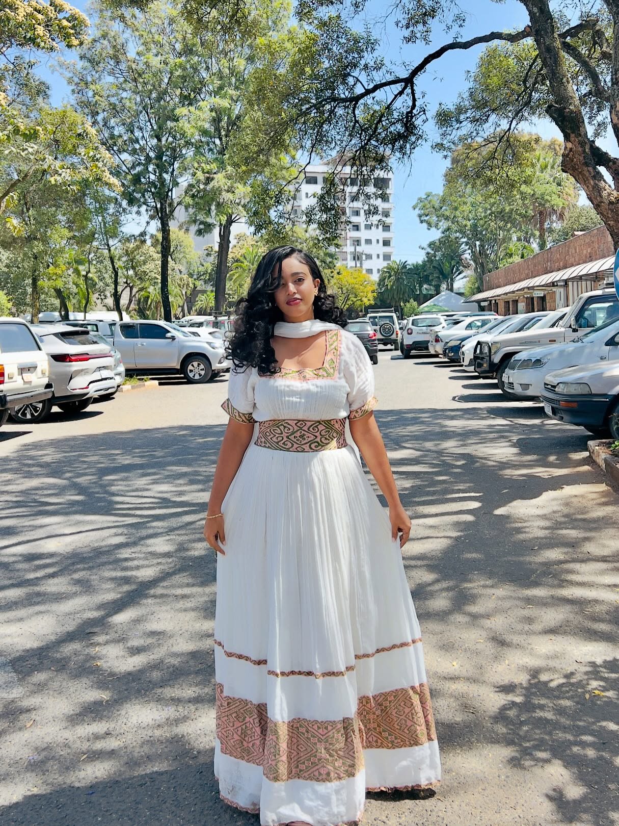 SHEWAYE CHIC HABESHA KEMIS | ETHIOPIAN TRADITIONAL DRESS | PINK & GREEN PATTERN HABESHA KEMIS