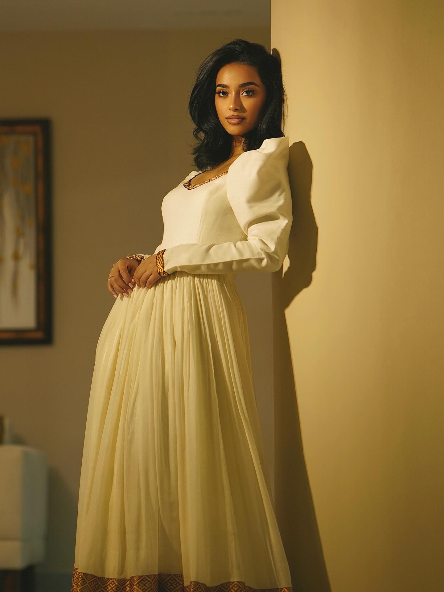 MIRTE ELEGANT ETHIOPIAN TRADITIONAL DRESS | GOLD HEM HABESHA KEMIS | PUFF SLEEVE HABESHA DRESS