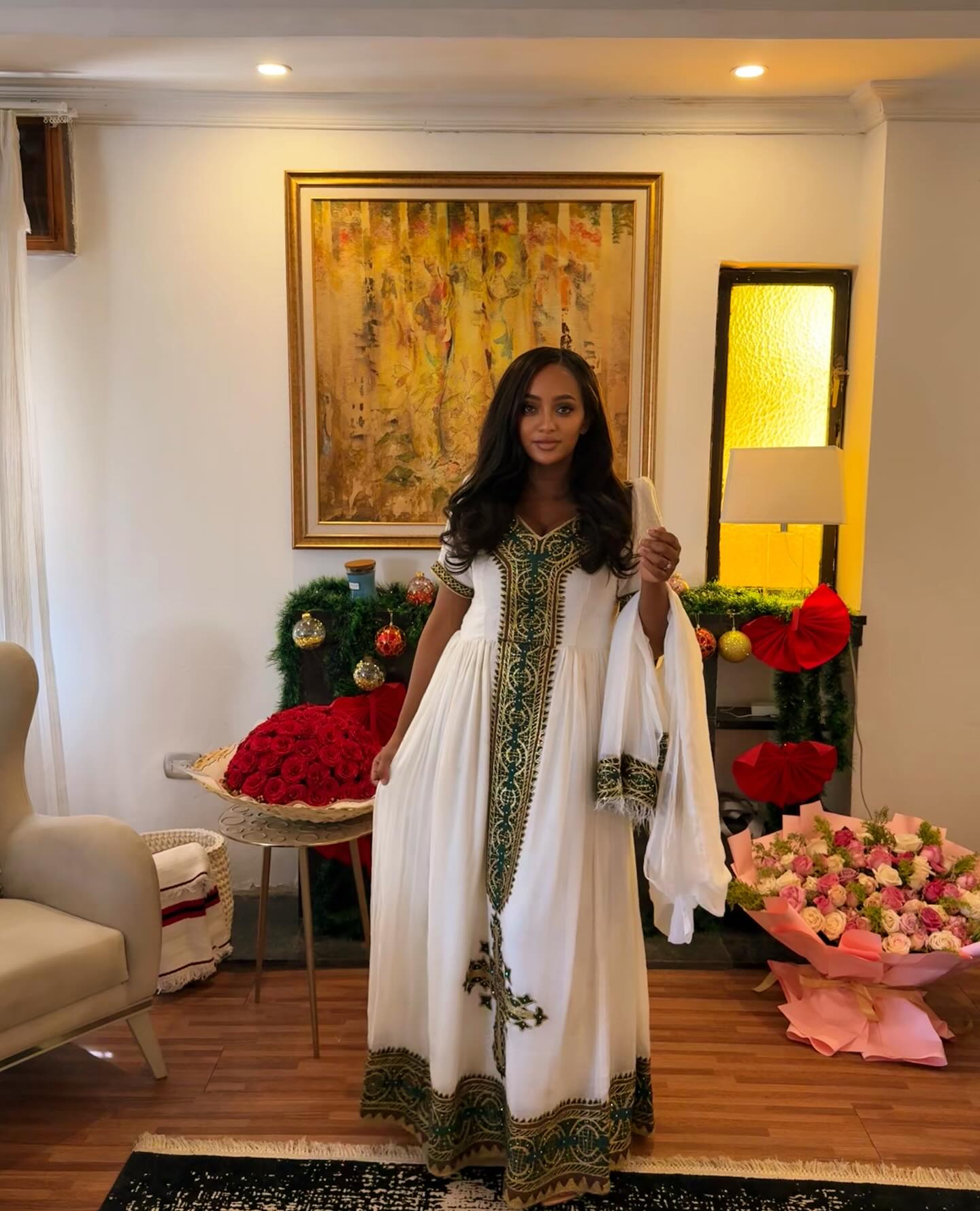 BEBE SHORT SLEEVE HABESHA DRESS | GREEN EMBROIDERY ETHIOPIAN DRESS | FESTIVE HABESHA KEMIS