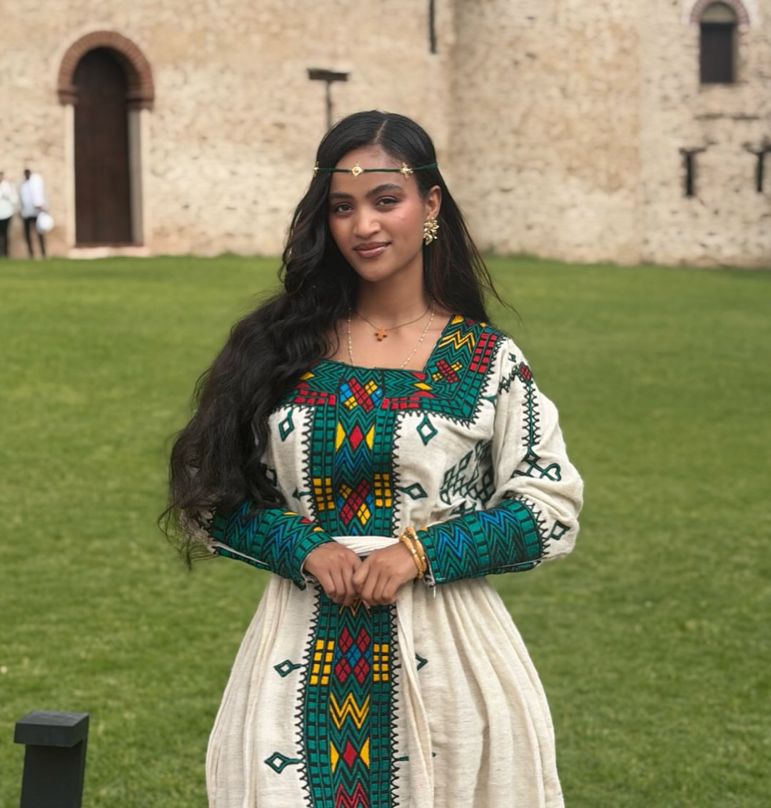 ATKLT TRADITIONAL HABESHA KEMIS | GREEN WOVEN & CROSS DETAIL HABESHA DRESS | ETHIOPIAN CLOTHING FOR CULTURAL CELEBRATIONS