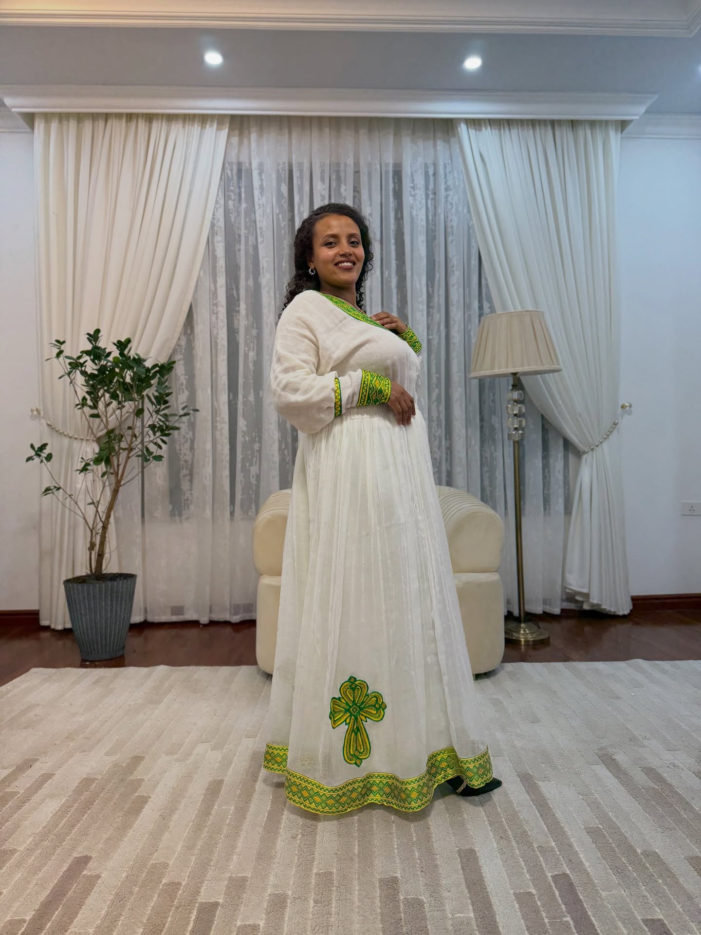 TSEDU EXQUISITE ETHIOPIAN CLOTHING | GREEN AND YELLOW EMBROIDERY HABESHA DRESS | LONG SLEEVE HABESHA KEMIS