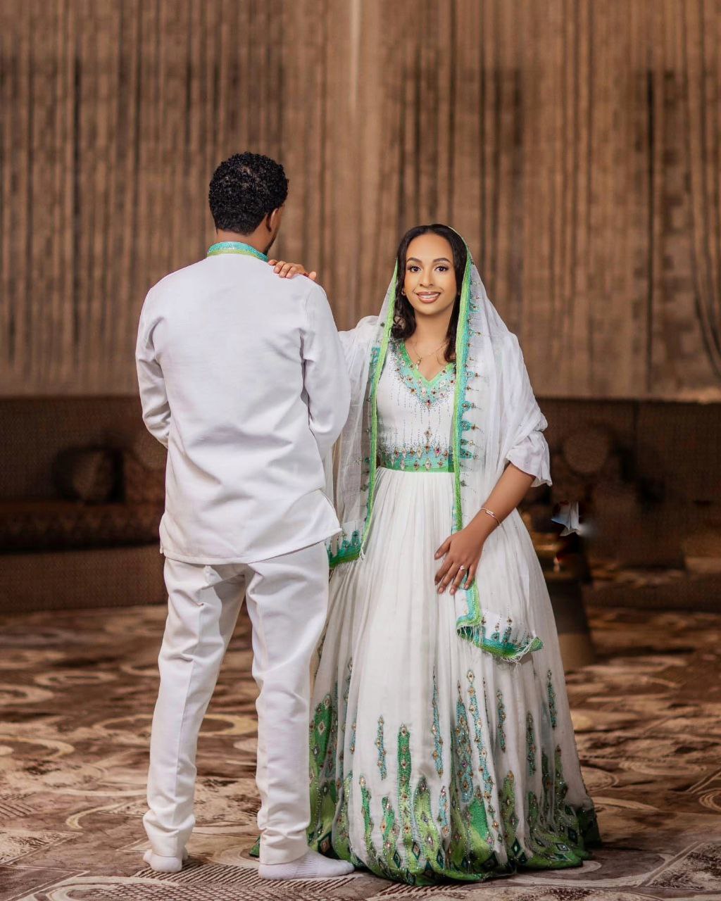 REDIET COUPLE’S MATCHING HABESHA KEMIS & SHIRT SET | GREEN & SILVER TILET HABESHA COUPLE'S OUTFIT | ETHIOPIAN CULTURAL MATCHING WEAR