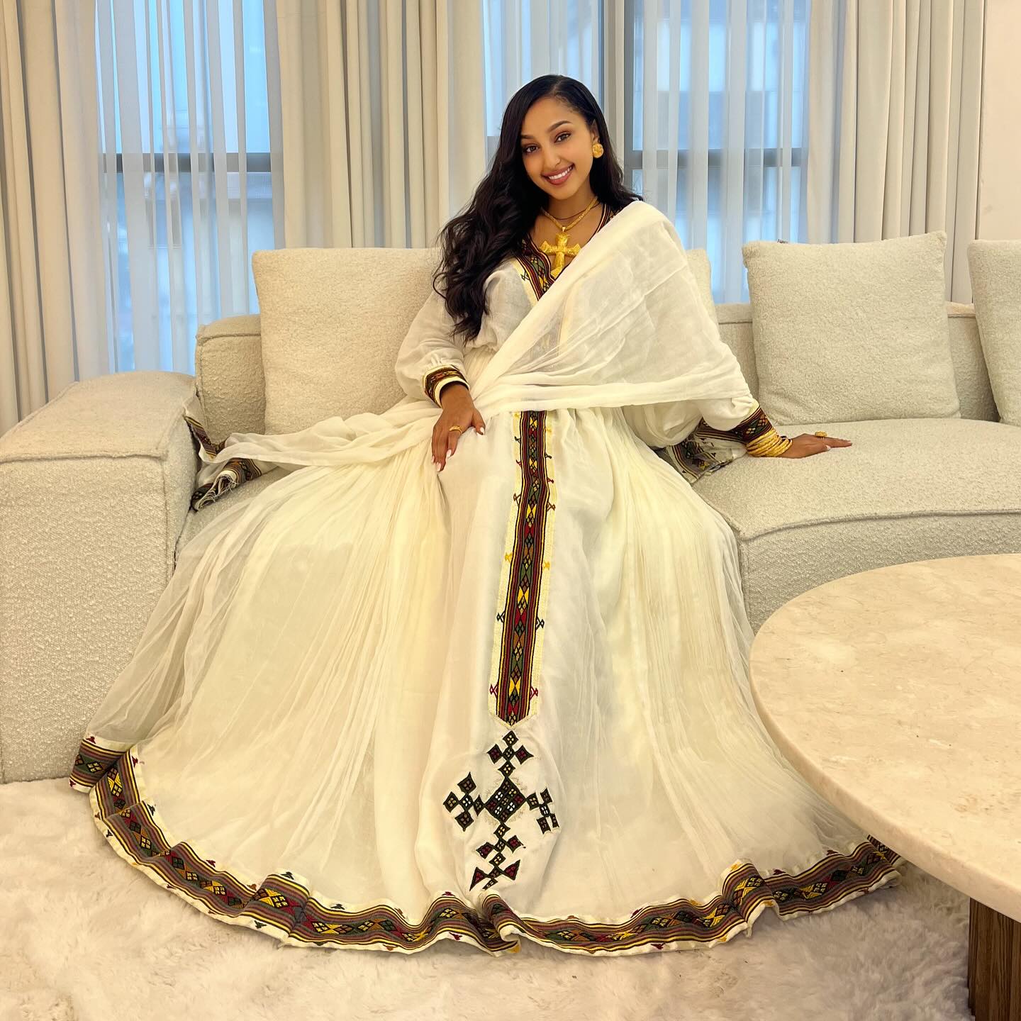 NAFKOT CULTURAL HABESHA KEMIS | WHITE ETHIOPIAN DRESS WITH CROSS & TIBEB DETAILS | GRACEFUL HABESHA DRESS FOR SPECIAL OCCASIONS