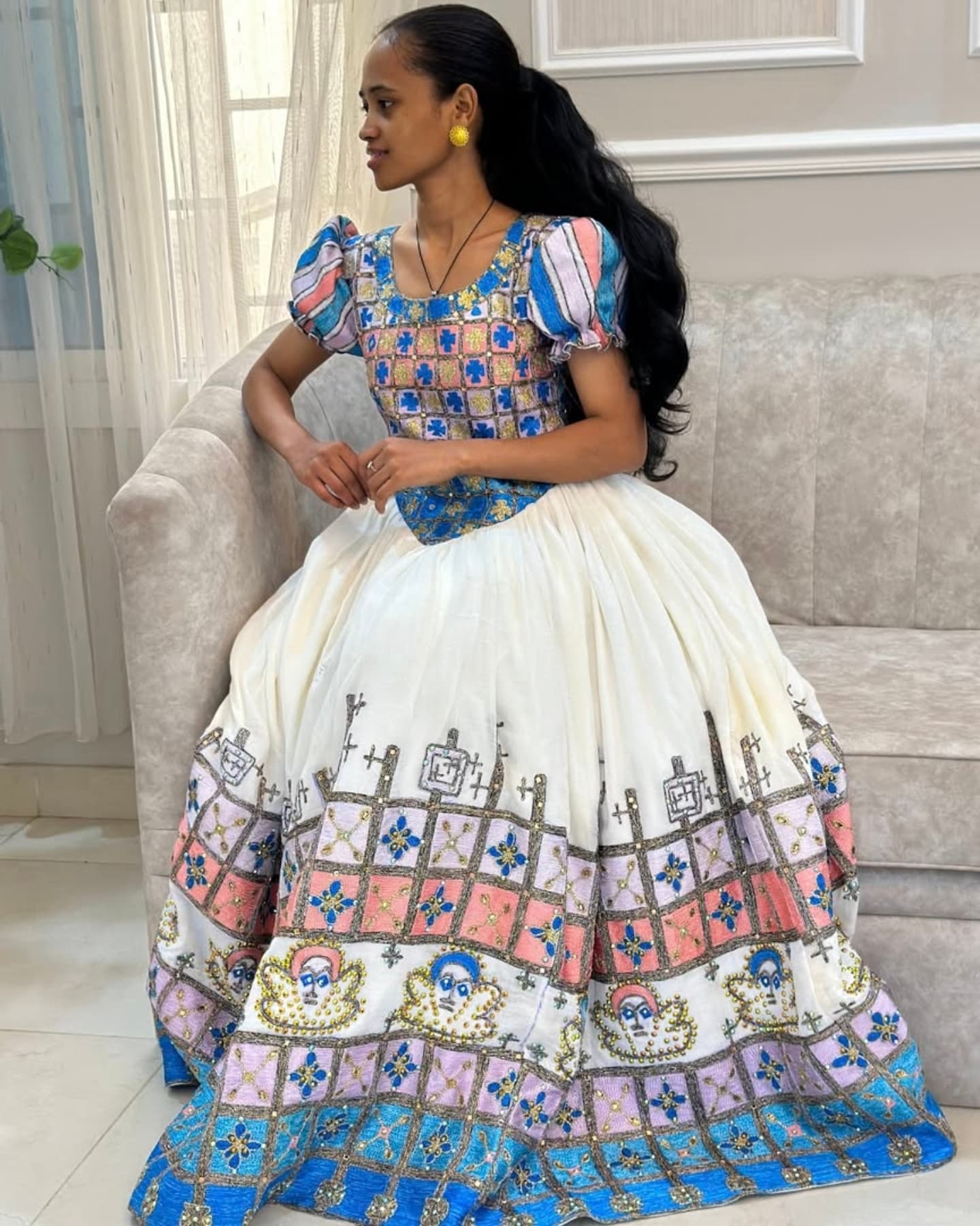 NAOMI COLORFUL HABESHA KEMIS | TRADITIONAL EMBROIDERED ETHIOPIAN DRESS FOR SPECIAL OCCASIONS | PUFFED SLEEVE HABESHA DRESS