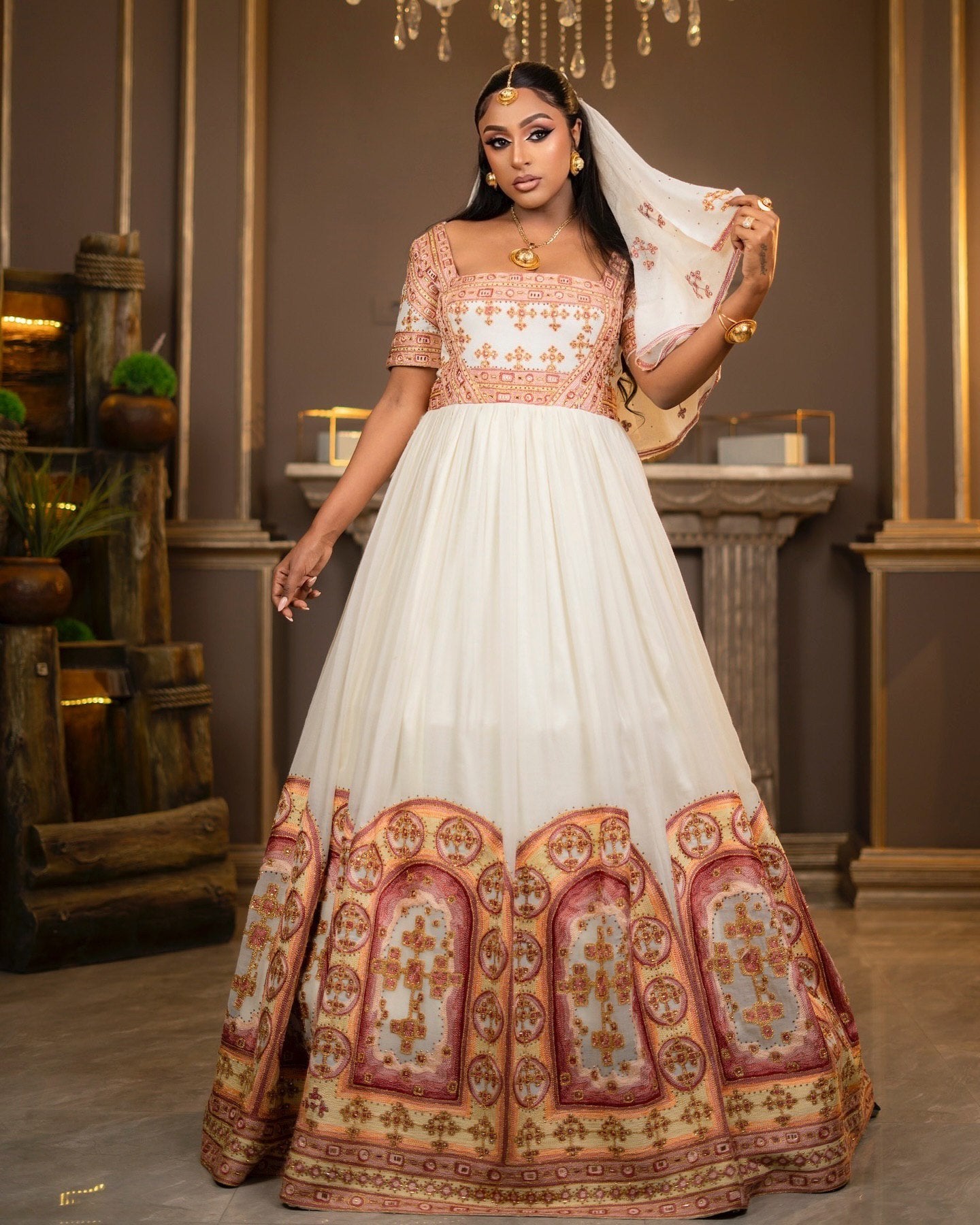 MENEN ELEGANT ETHIOPIAN HABESHA KEMIS | GOLDEN ORNATE CROSS EMBROIDERY HABESHA DRESS | TRADITIONAL ETHIOPIAN WEAR FOR WEDDING