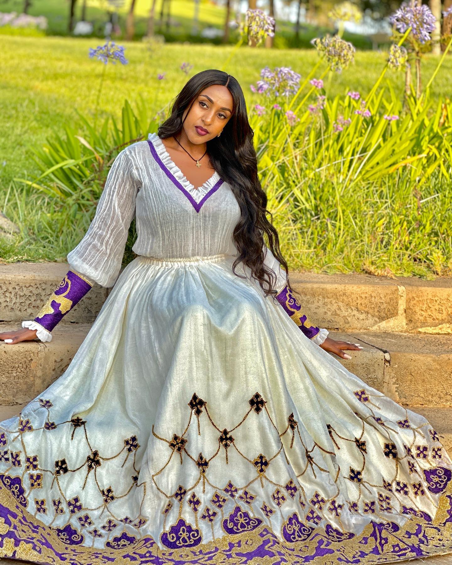 YENATFANTA V-NECKLINE ETHIOPIAN CLOTHING | PURPLE AND GOLD EMBROIDERY HABESHA DRESS | HANDWOVEN HABESHA KEMIS