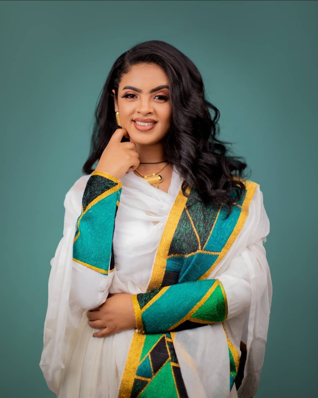 MINTWAB ETHIOPIAN HABESHA KEMIS | MODERN GREEN AND GOLD GEOMETRIC EMBROIDERY ETHIOPIAN CLOTH | CLASSY HABESHA DRESS FOR FESTIVE