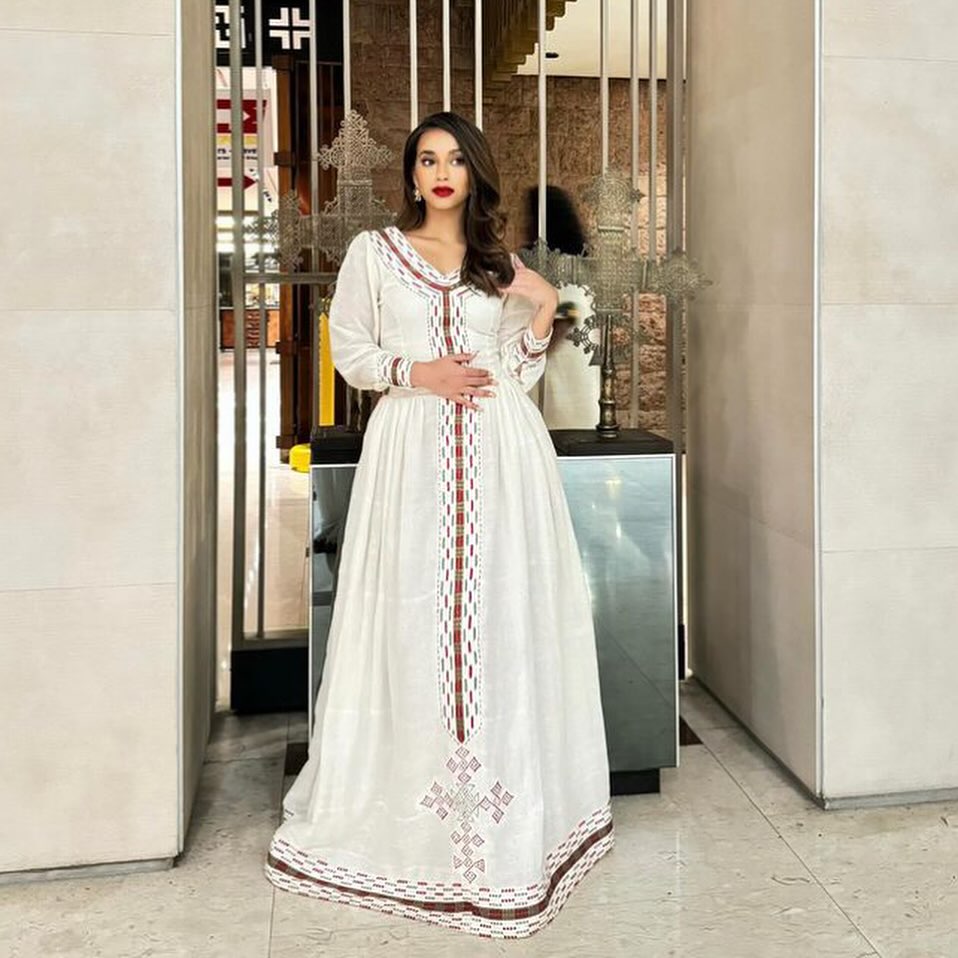 LUALAWIT HABESHA TRADITIONAL DRESS | ETHIOPIAN HABESHA KEMIS FOR FESTIVE | RED AND WHITE EMBROIDERY HABESHA DRESS