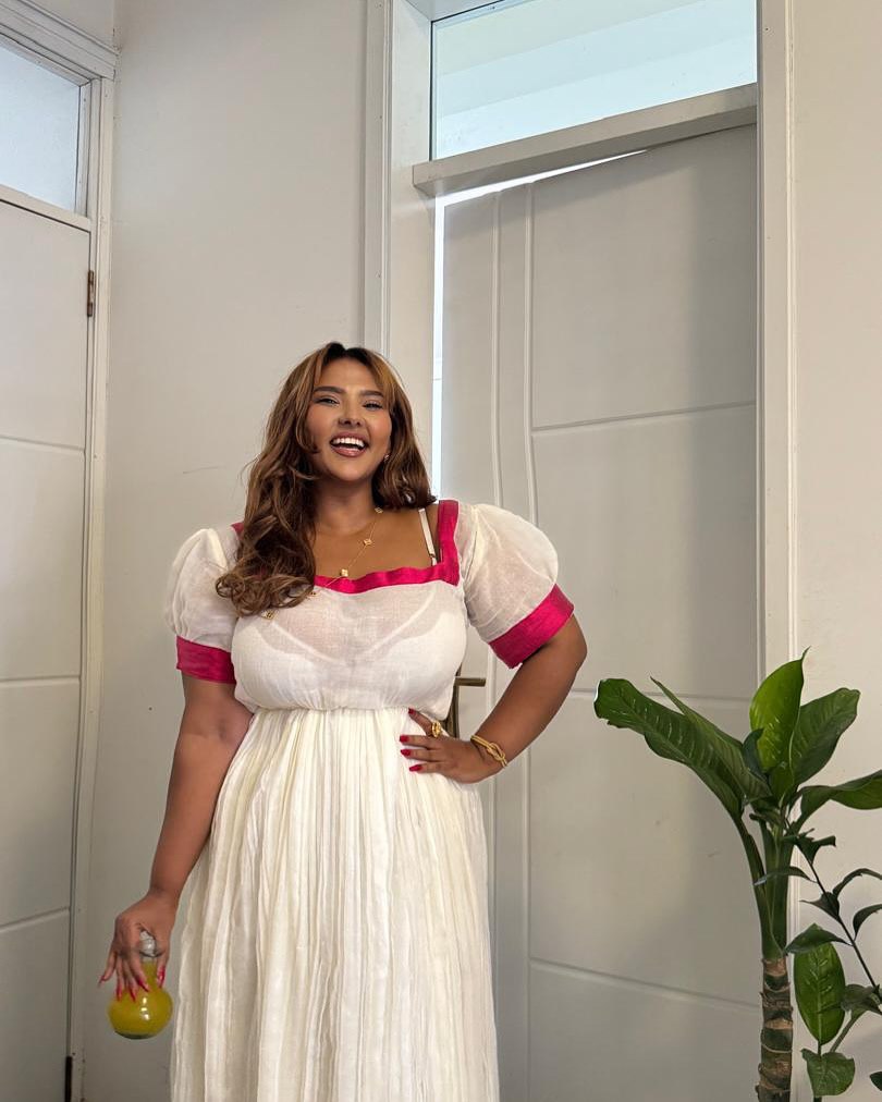 LELI CLASSIC HABESHA TRADITIONAL DRESS | RED ACCENTED HABESHA DRESS | PUFF SLEEVE HABESHA KEMIS