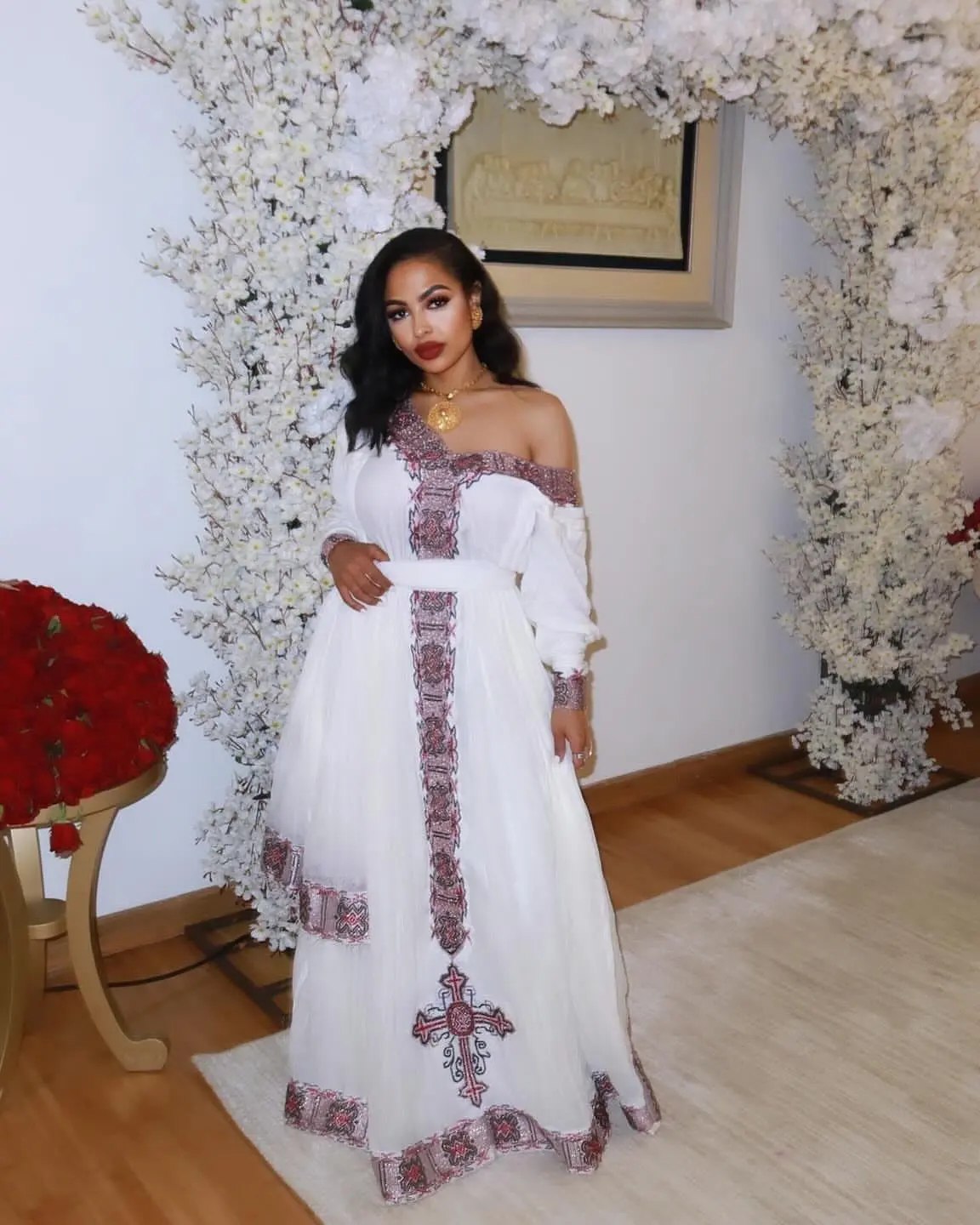 ATSNAF HABESHA KEMIS | OFF-SHOULDER ETHIOPIAN DRESS | TRADITIONAL EMBROIDERY HABESHA DRESS