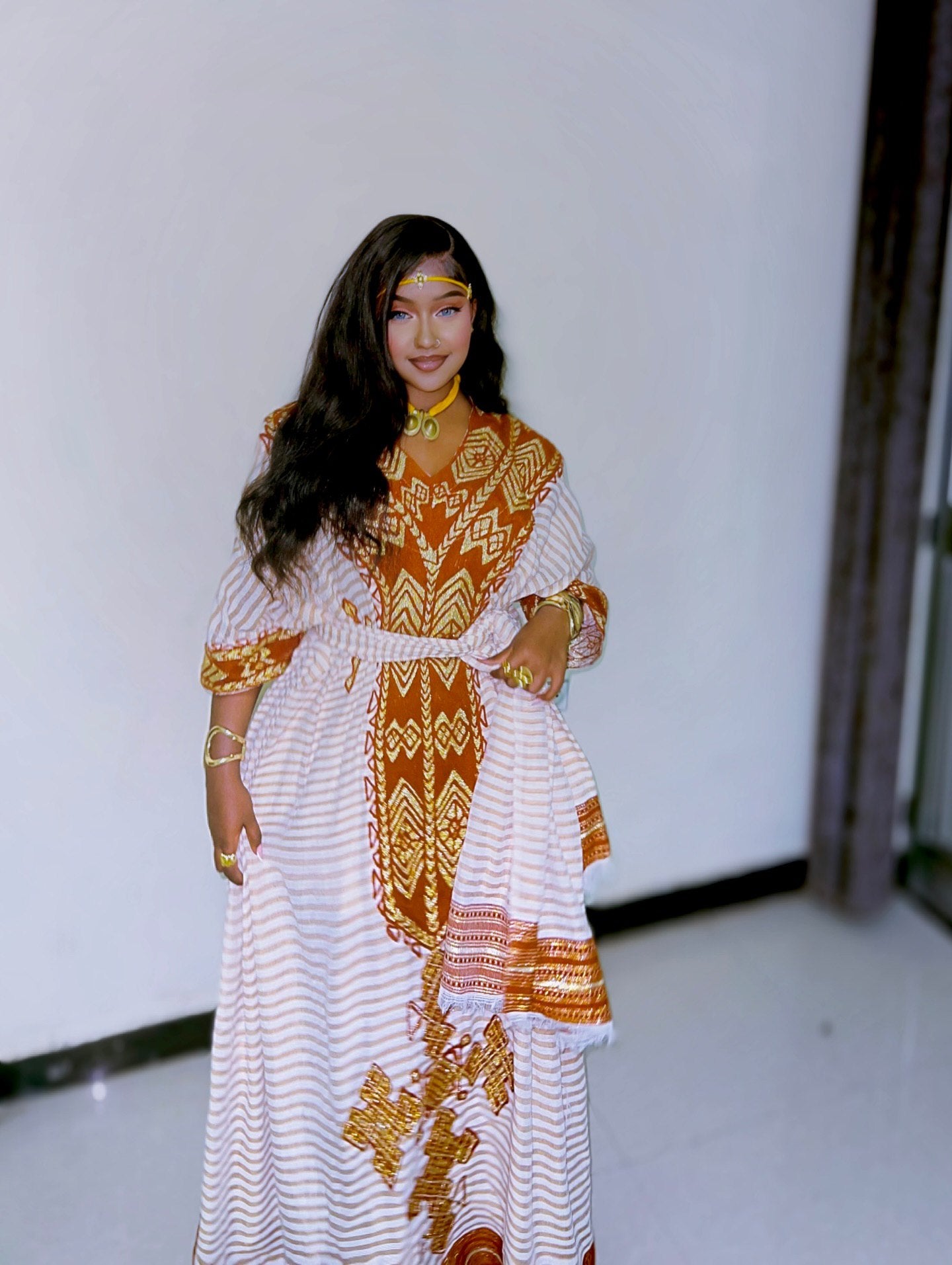 LUCHIA BROWN & WHITE TRADITIONAL ETHIOPIAN DRESS | CROSS EMBROIDERY HABESHA KEMIS | GEOMETRIC PATTERN HABESHA DRESS |