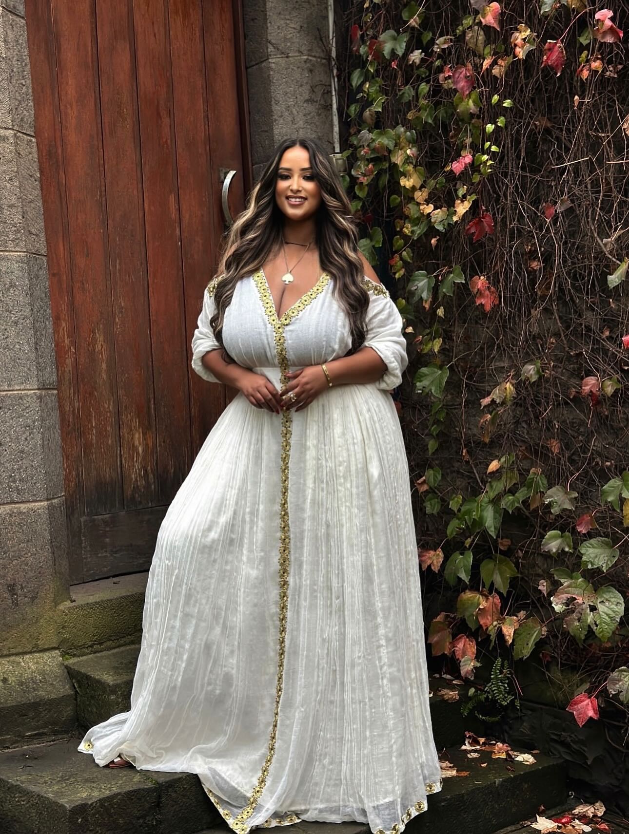 MESSI PLUS-SIZE ETHIOPIAN DRESS | WHITE HABESHA KEMIS WITH GOLD EMBROIDERY | STYLISH HABESHA DRESS