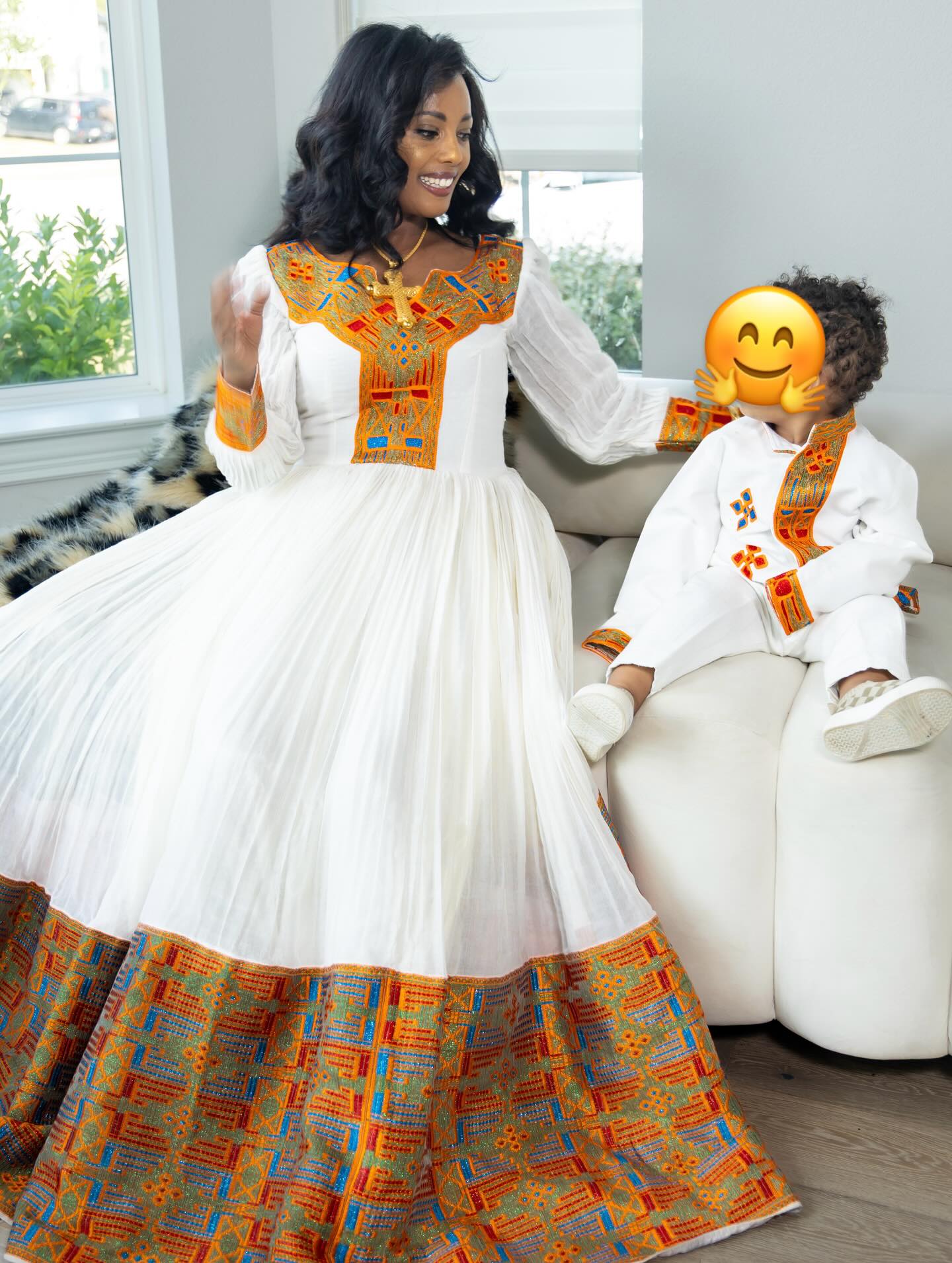 ENGIDA ORANGE EMBROIDERY HABESHA KEMIS | FESTIVE TRADITIONAL ETHIOPIAN DRESS | HANDWOVEN HABESHA DRESS