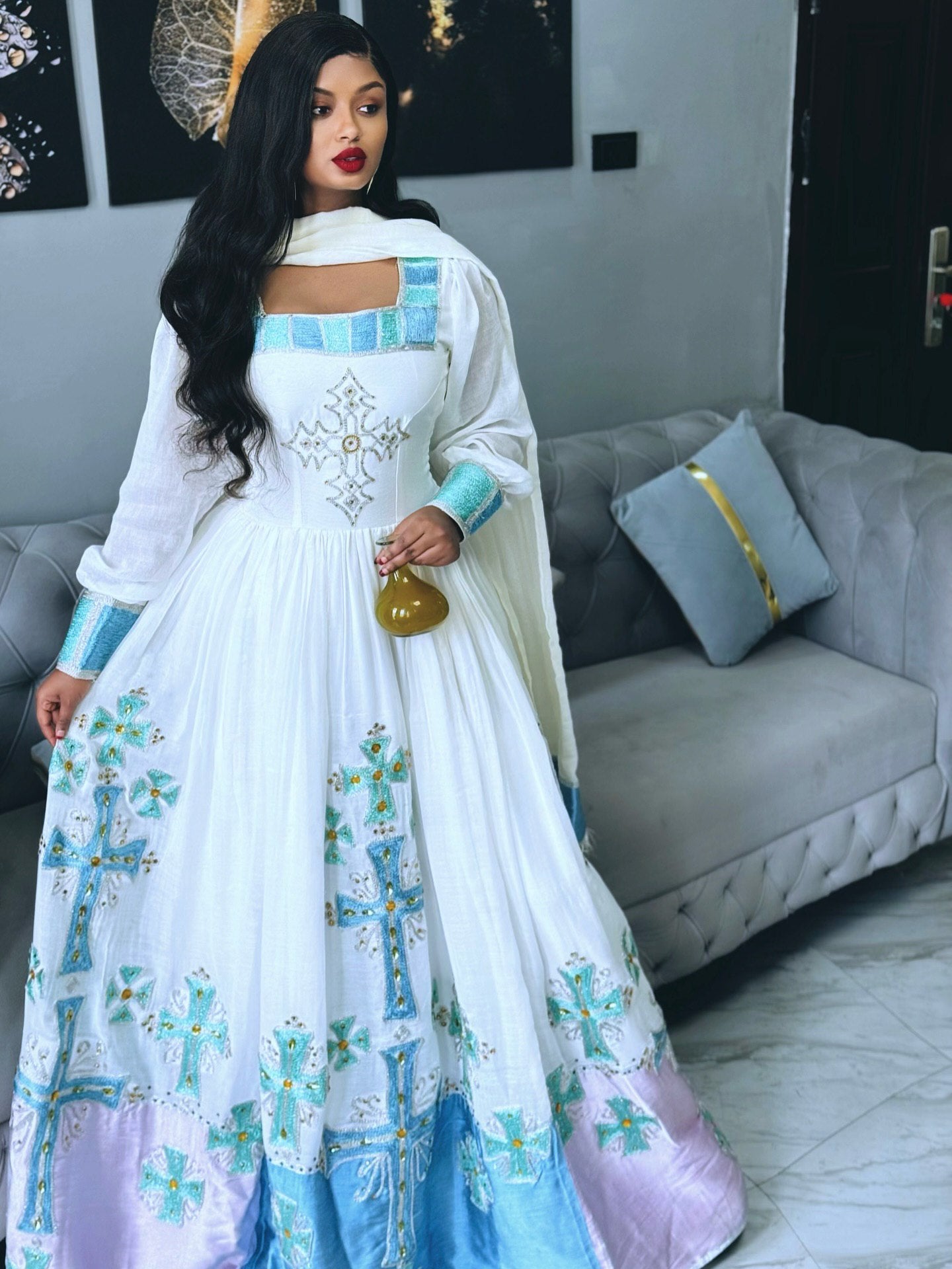 WHITE ETHIOPIAN DRESS WITH TURQUOISE & LILAC EMBROIDERY
