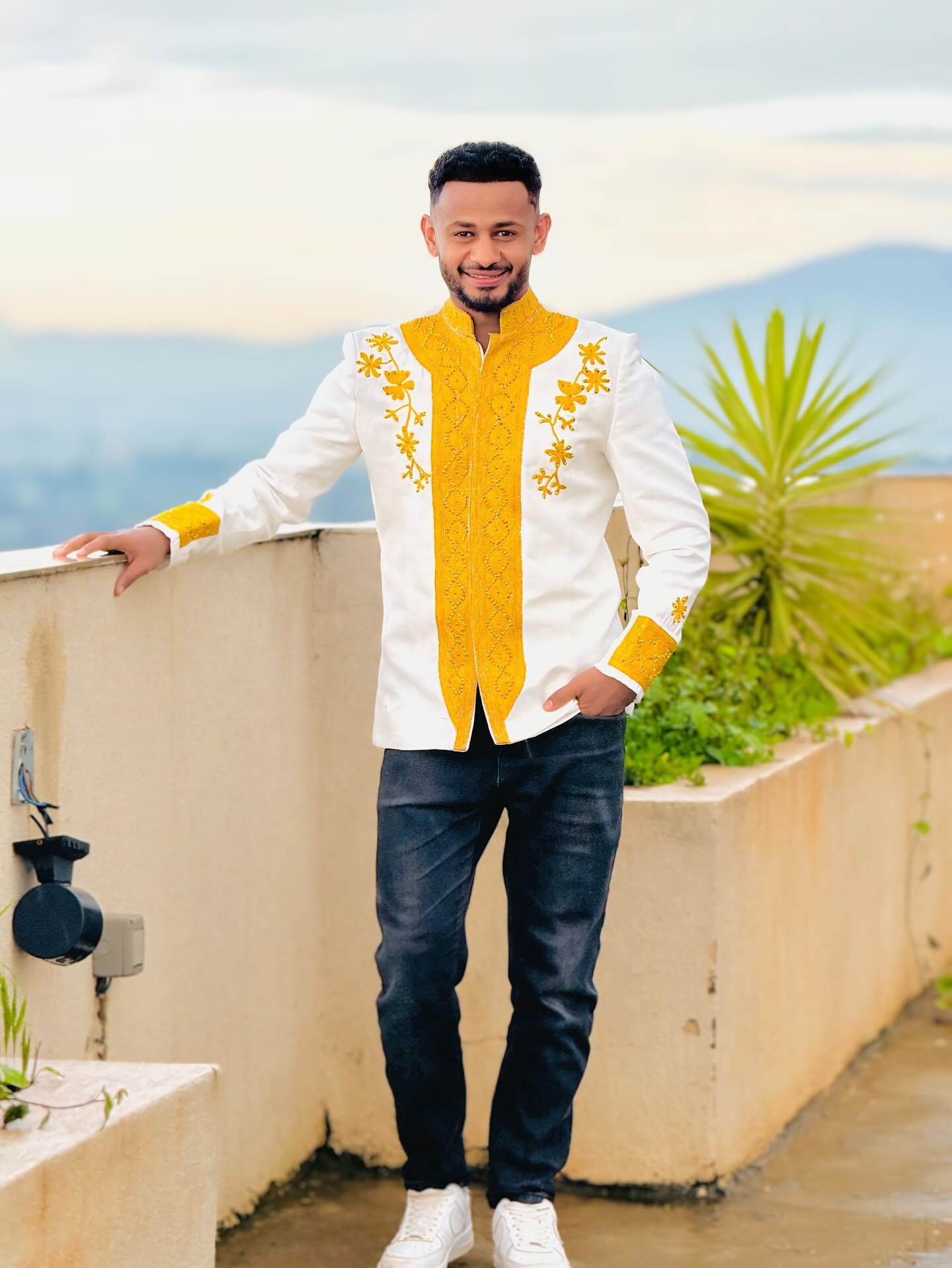 EYOB MEN’S WHITE HABESHA SHIRT | YELLOW EMBROIDERY MEN'S WEAR| LONG SLEEVE HABESHA SHIRT