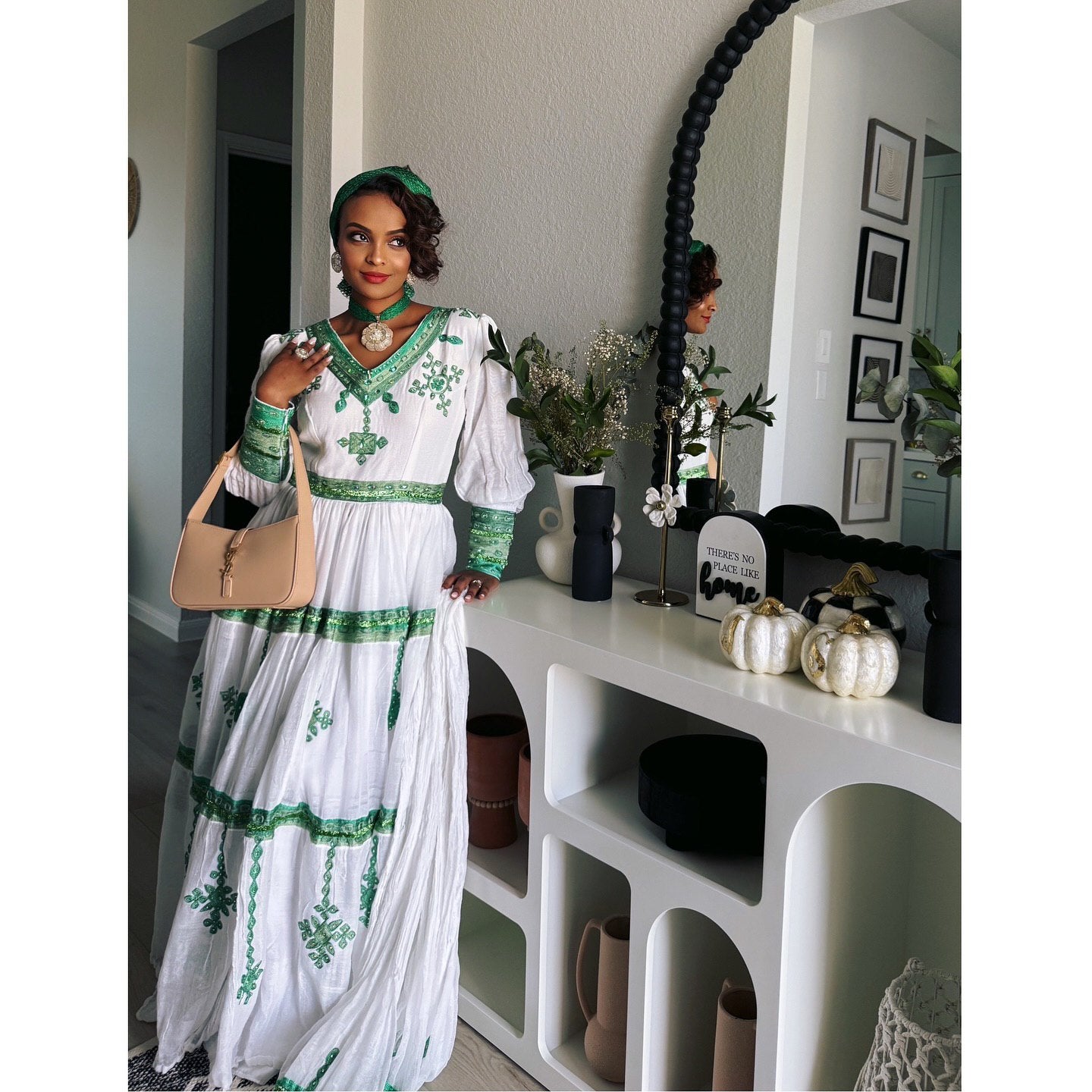 YEMSRACH GREEN EMBROIDERY TRADITIONAL ETHIOPIAN DRESS | CROSS PATTERN HABESHA KEMIS | STYLISH HABESHA DRESS