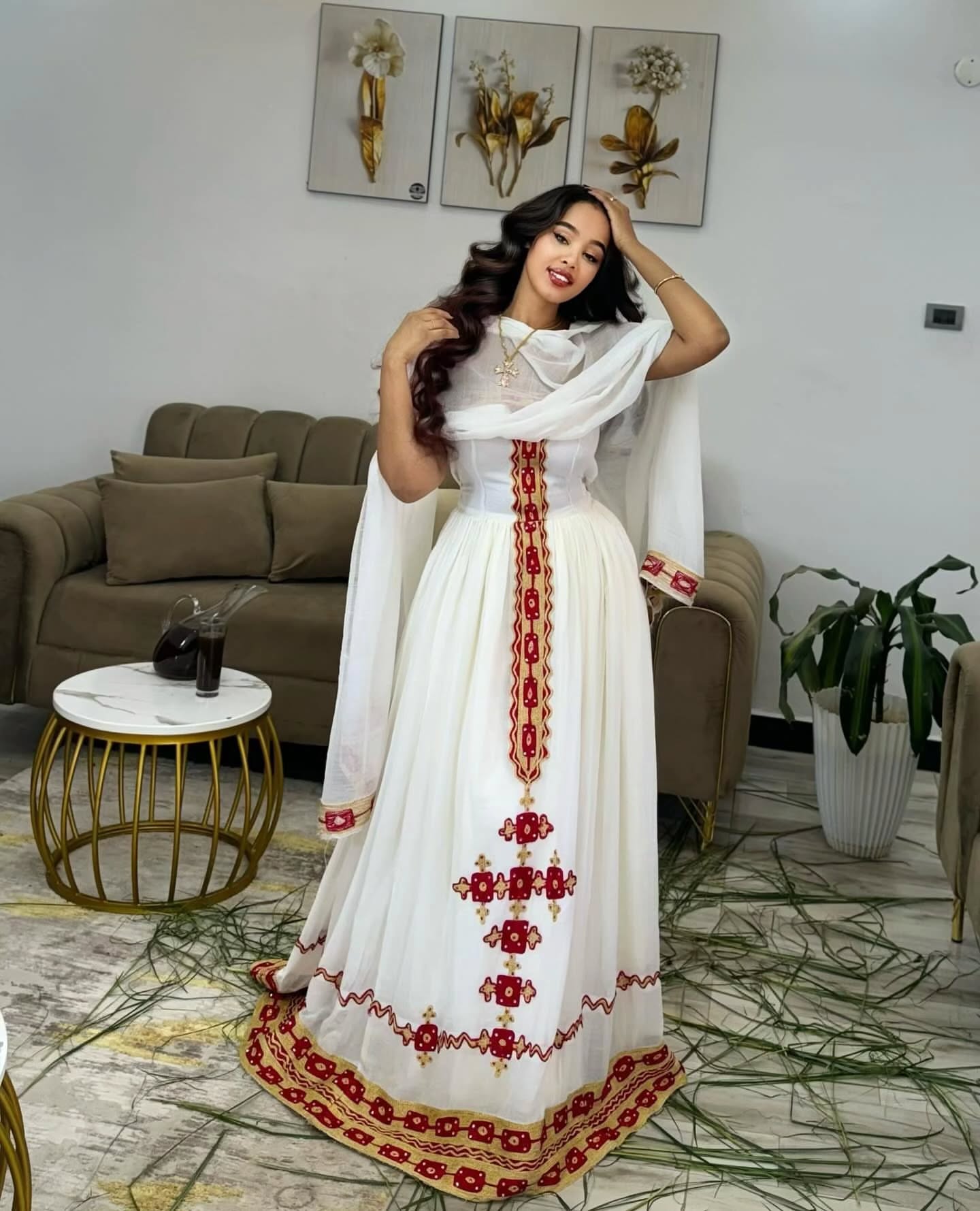 YEZINA STRAPLESS HABESHA KEMIS | MODERN ETHIOPIAN CLOTHING | RED EMBROIDERED HABESHA DRESS