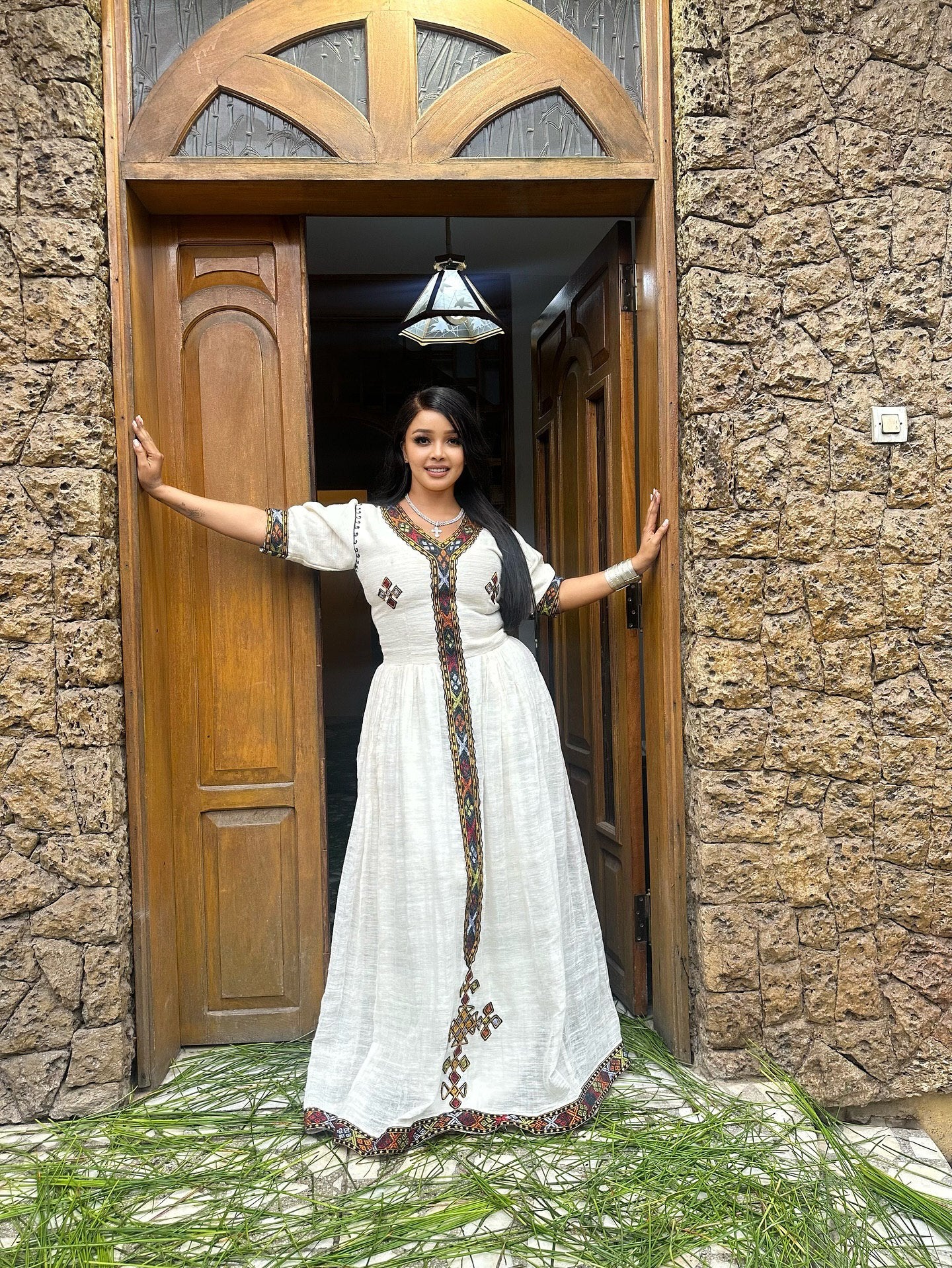 TINA MULTICOLOR EMBROIDERY HABESHA KEMIS | TRADITIONAL ETHIOPIAN AND ERITREAN CLOTHING | BEAUTIFULLY CRAFTED HABESHA DRESS