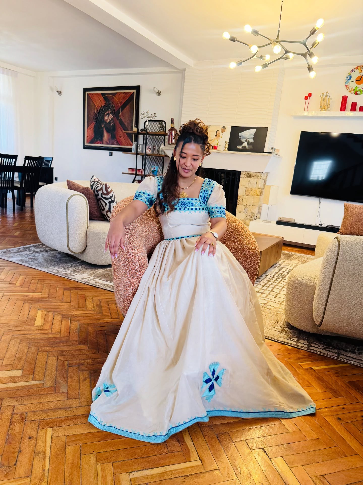 WEYNALEM TURQUOISE & BLUE HABESHA KEMIS | AUTHENTIC HABESHA DRESS | ETHIOPIAN TRADITIONAL DRESS