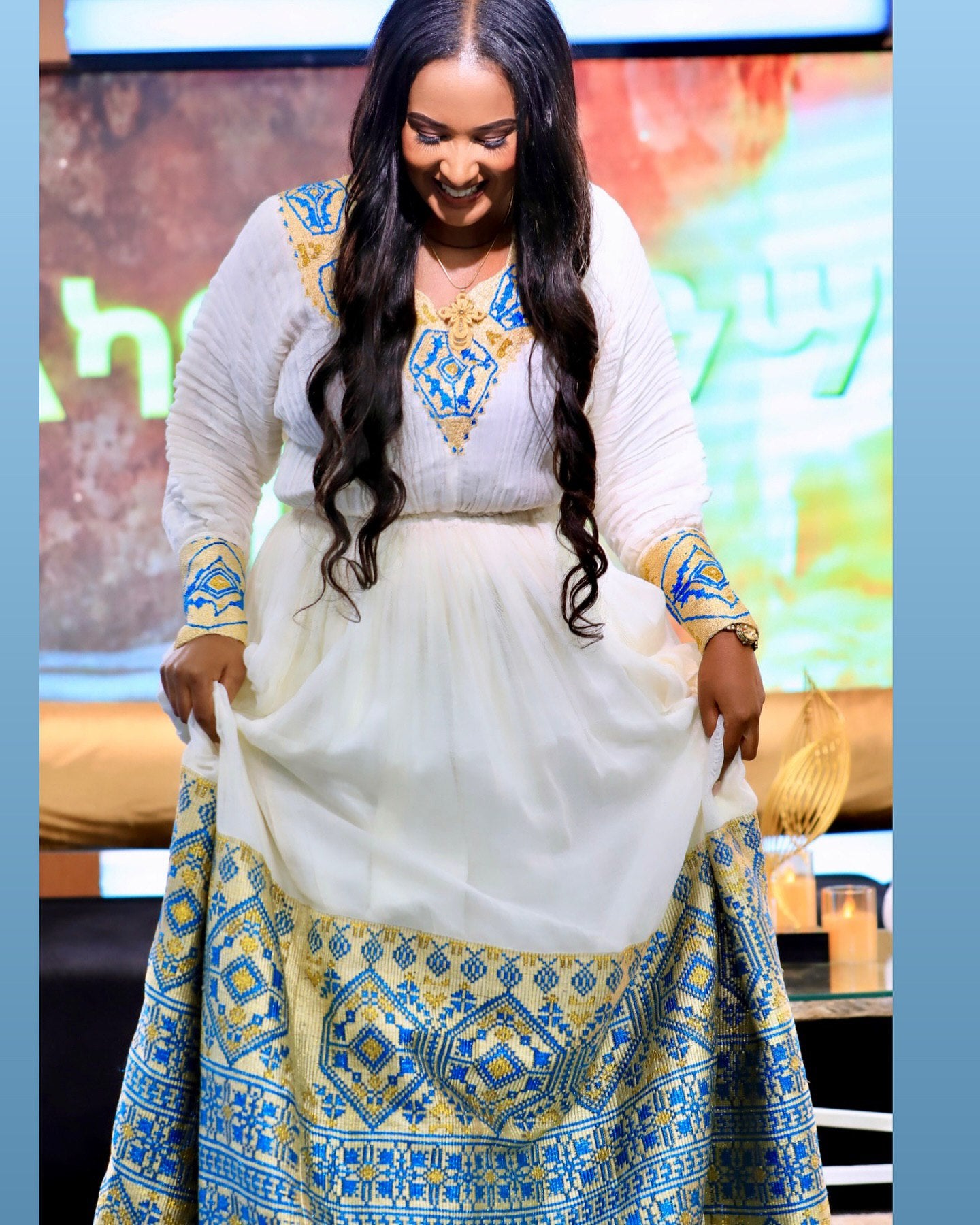 RICH ELEGANT HABESHA KEMIS | BLUE & GOLD HABESHA DRESS | AUTHENTIC ETHIOPIAN CLOTHING
