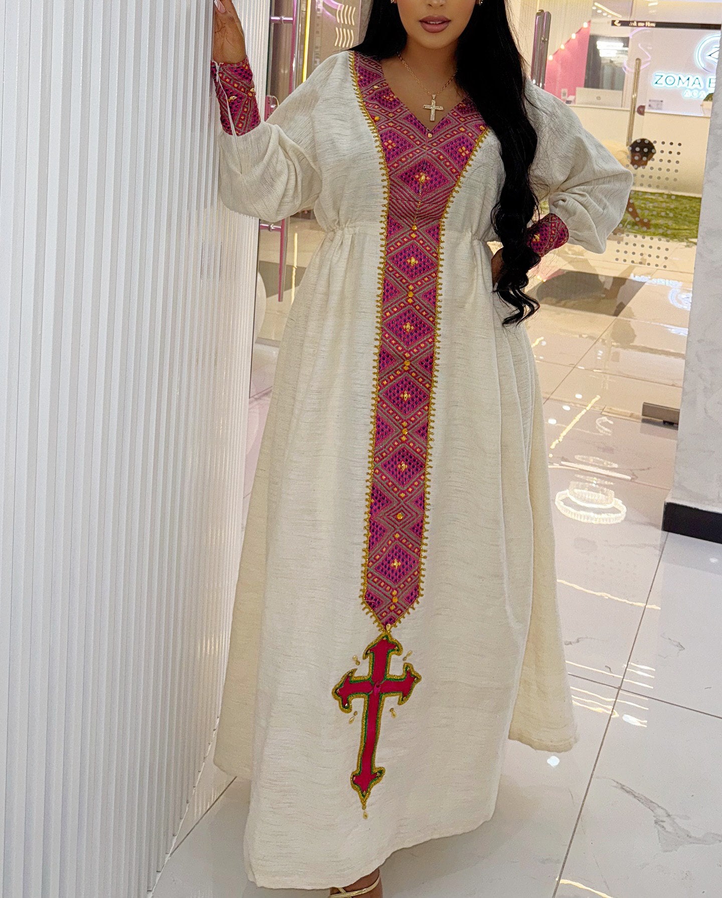 ABLAKAT PINK AND GOLD EMBROIDERY HABESHA KEMIS | CLASSIC HABESHA DRESS | ETHIOPIAN CLOTHING