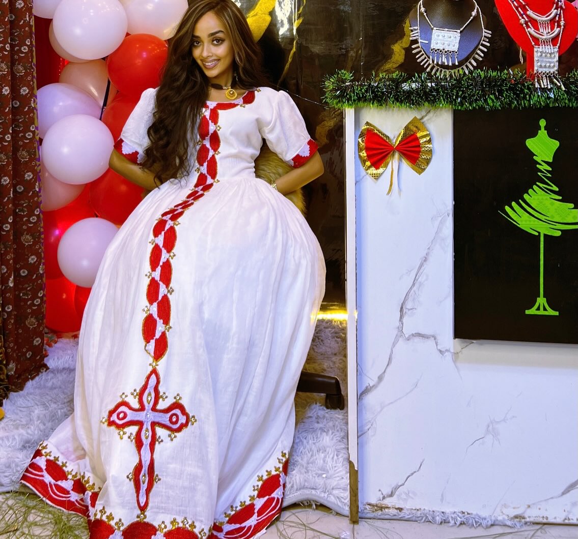 ANAYE SHORT SLEEVE HABESHA DRESS STYLE | RED WOVEN HABESHA KEMIS & ETHIOPIAN TRADITIONAL DRESS