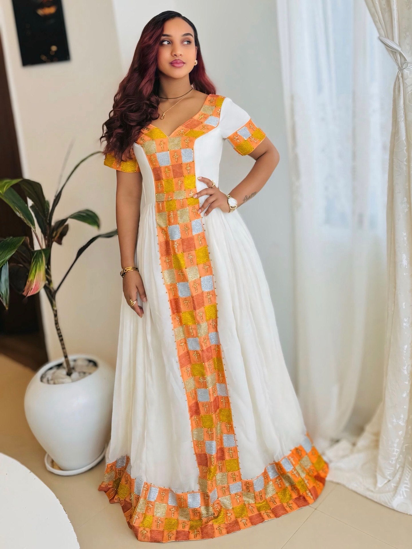 MELKAMIT TRADITIONAL ETHIOPIAN DRESS | SHORT SLEEVE HABESHA DRESS | VIBRANT HABESHA KEMIS
