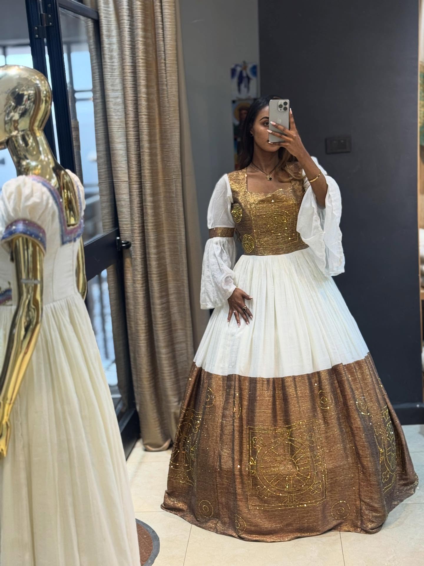 SELAMNESH TRADITIONAL ETHIOPIAN WEDDING DRESS | WHITE HABESHA DRESS WITH GOLDEN EMBROIDERY | GRACEFUL HABESHA KEMIS