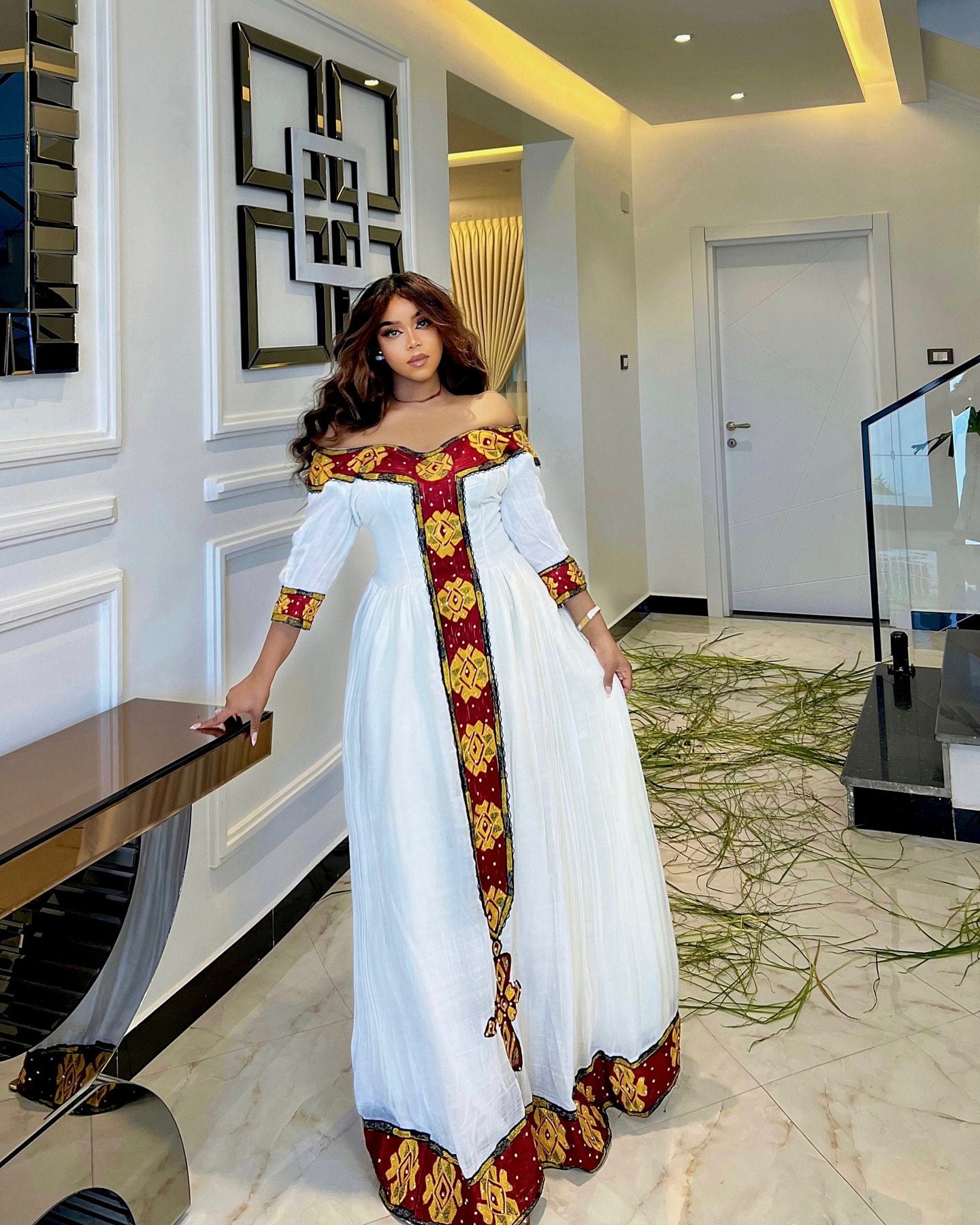 WOINSHET OFF-SHOULDER HABESHA DRESS | RED AND GOLDEN EMBROIDERY HABESHA KEMIS | AUTHENTIC ETHIOPIAN CLOTHING