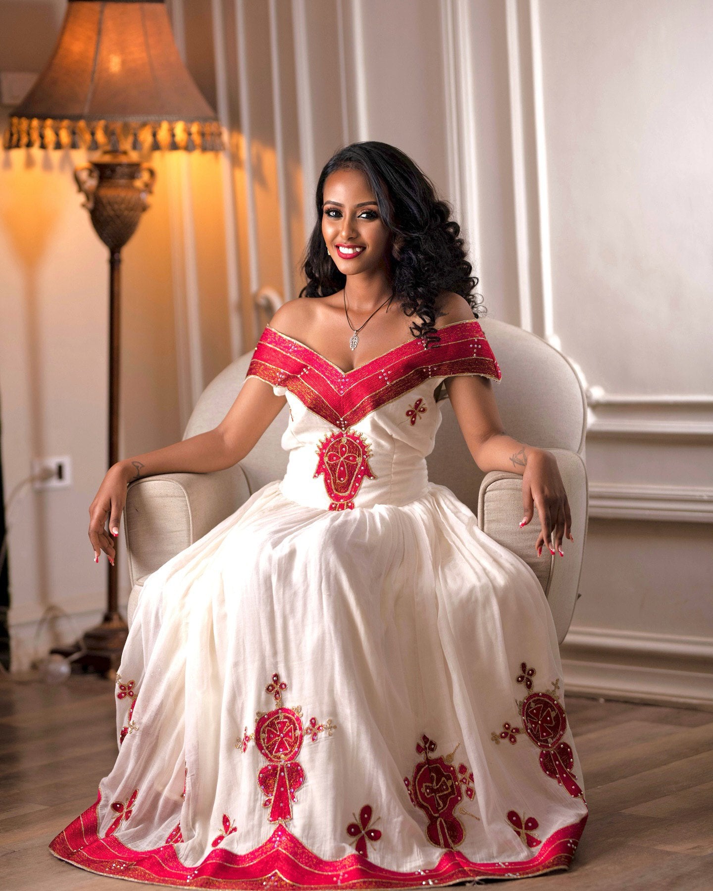 MIKAYA STUNNING OFF-SHOULDER ETHIOPIAN CLOTHING | RED AND GOLDEN EMBROIDERY HABESHA DRESS | GRACEFUL HABESHA KEMIS