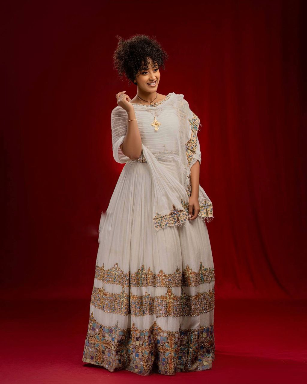 WUBIT LUXURY HABESHA KEMIS | MULTICOLOR TIBEB & EMBROIDERED GOLD DETAIL ETHIOPIAN WEAR | TRADITIONAL WEDDING HABESHA DRESS