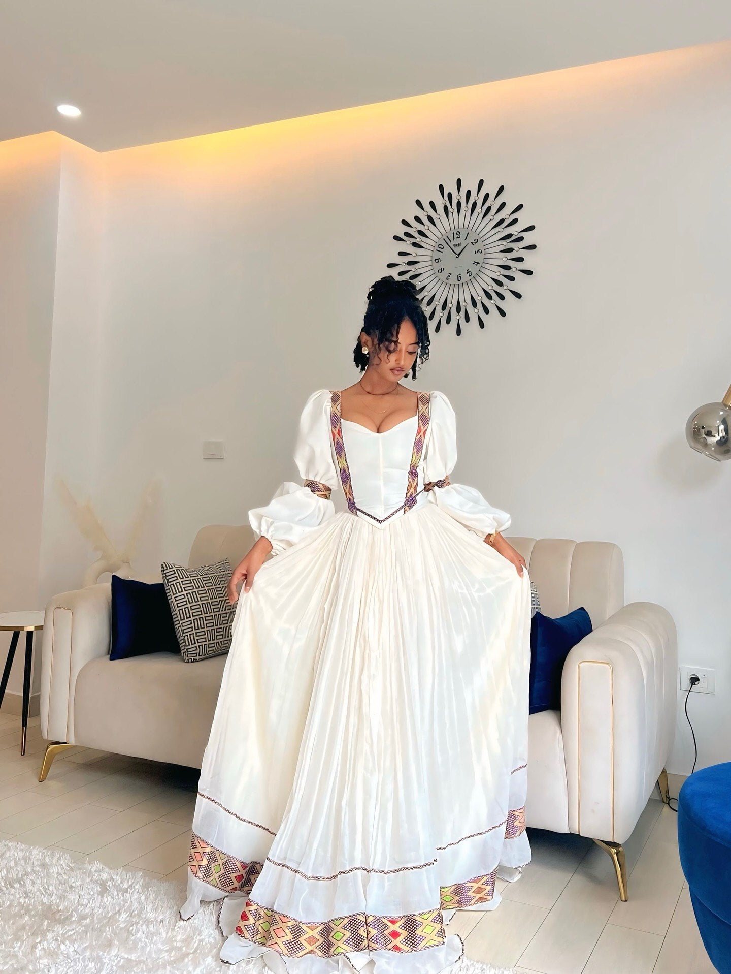 ADANECH ETHIOPIAN TRADITIONAL DRESS | COLORFUL WOVEN BORDERS HABESHA DRESS | PUFFED SLEEVES HABESHA KEMIS